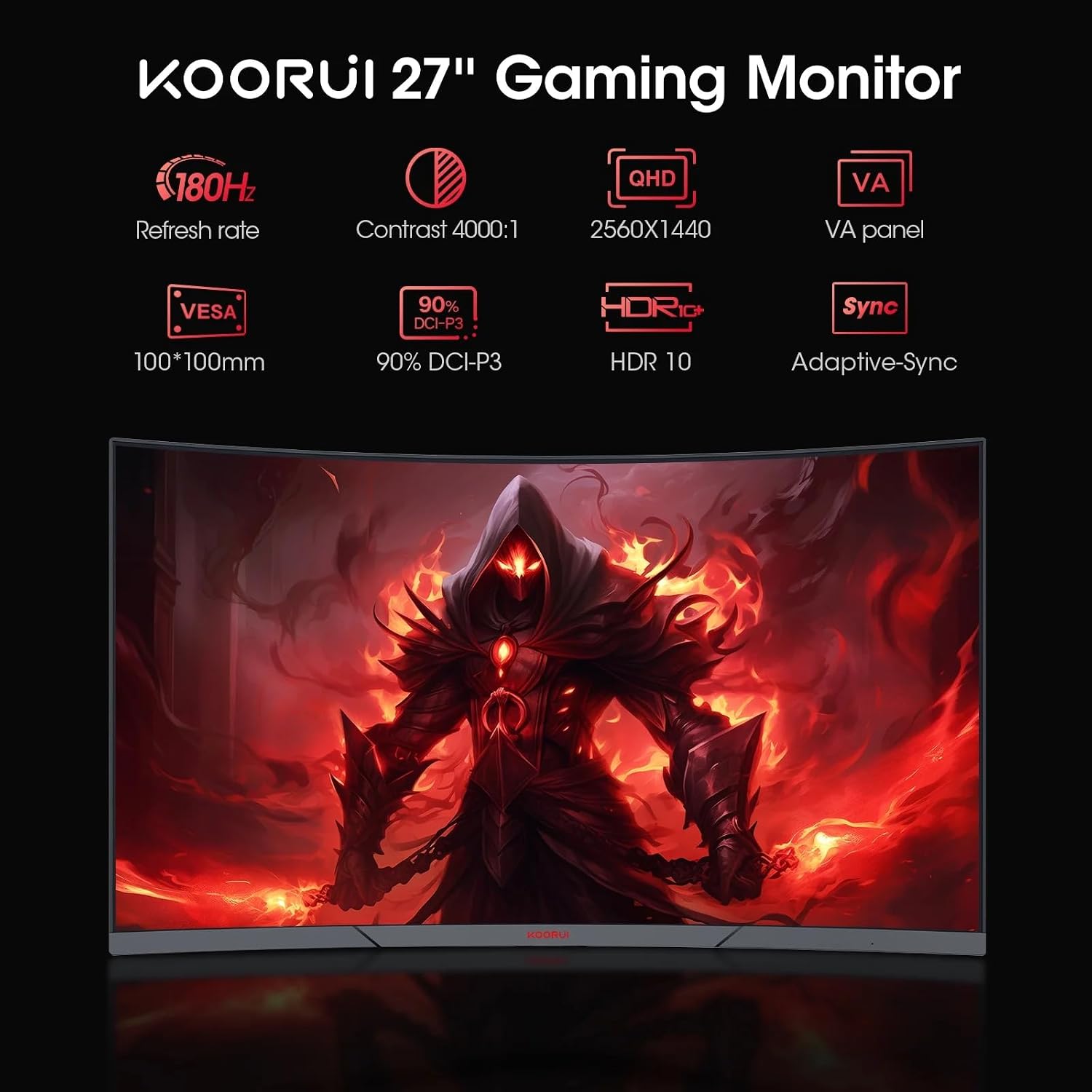 KOORUI 27 inch 2K Curved Gaming Monitor, 180Hz QHD Computer Monitor, 1ms Adaptive-Sync, HDMI/DisplayPort, 27E6QCA