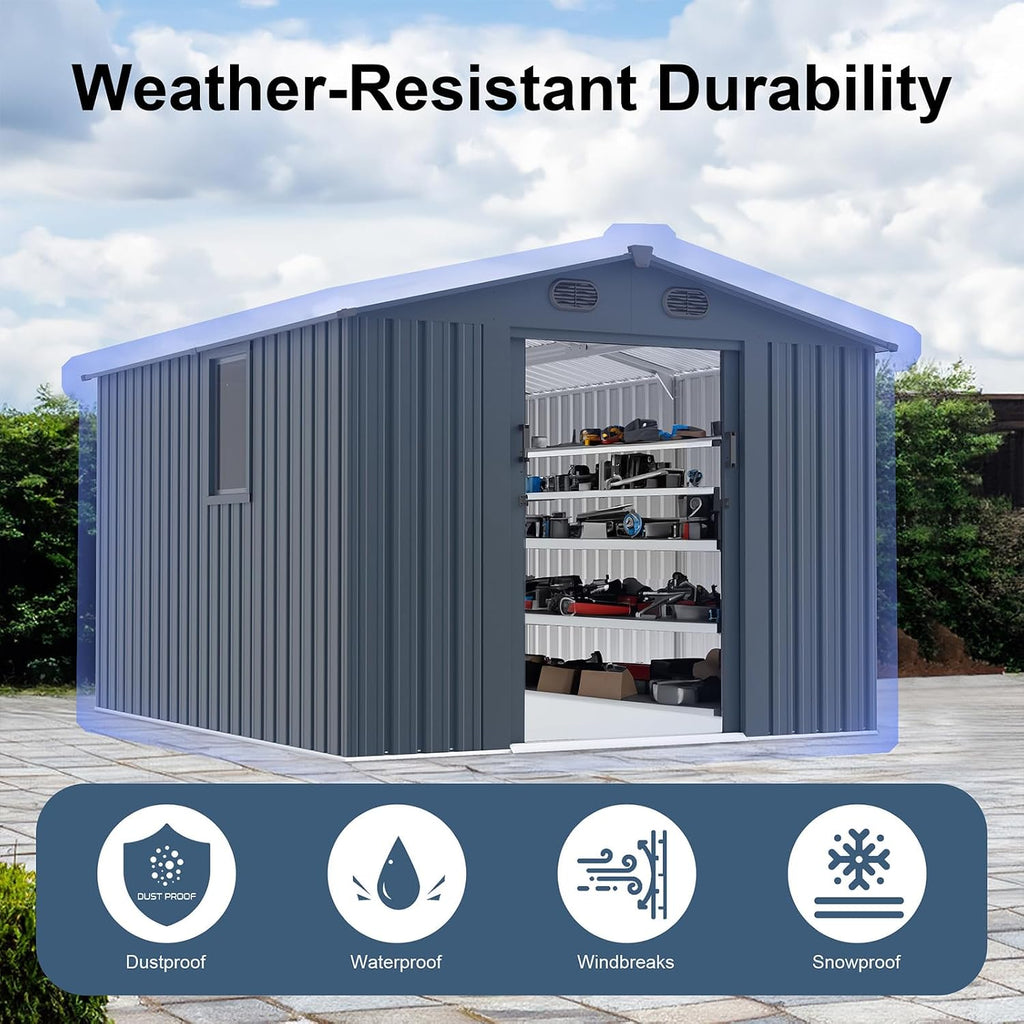 8x10FT Outdoor Storage Shed, Galvanized Steel Metal Storage Shed with Lockable Doors, Storage Sheds Outdoor Without Floor, Ventilation, Sloped Roof Metal Building for Tools (8x10 FT Steel)