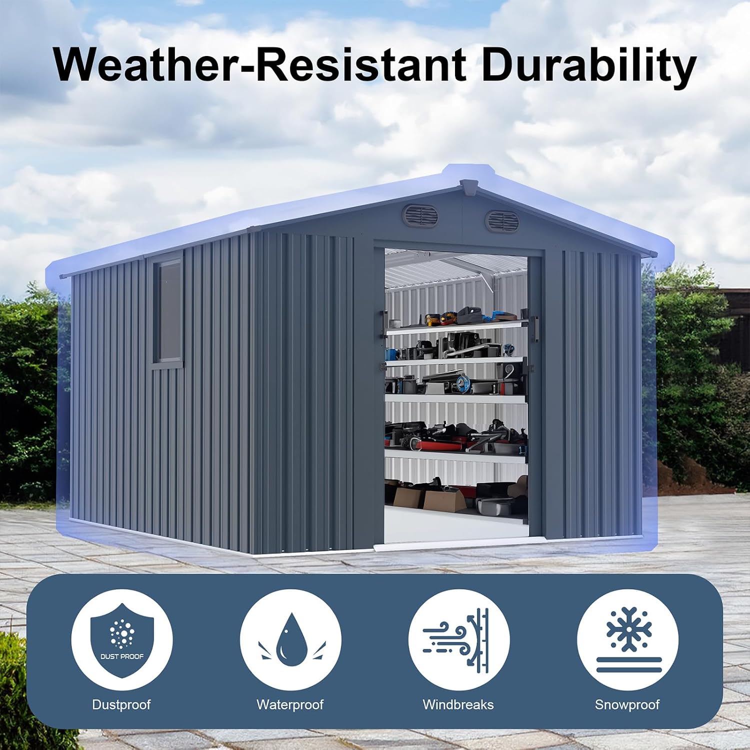 8x10FT Outdoor Storage Shed, Galvanized Steel Metal Storage Shed with Lockable Doors, Storage Sheds Outdoor Without Floor, Ventilation, Sloped Roof Metal Building for Tools (8x10 FT Steel)