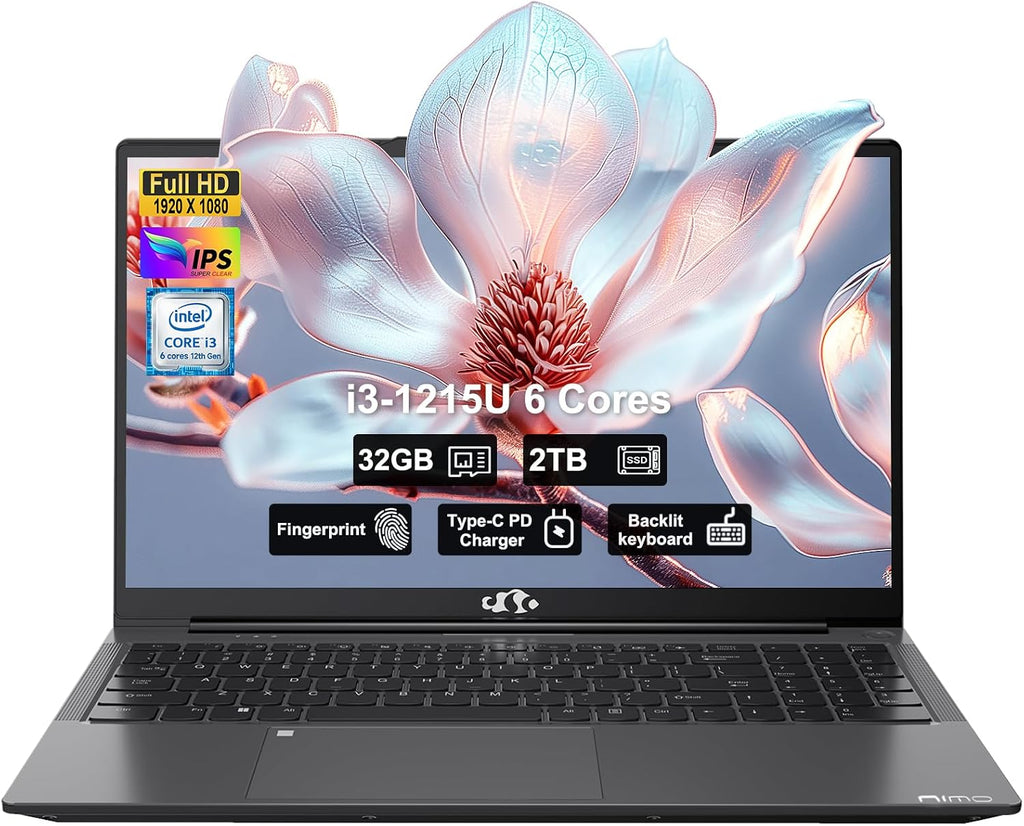 NIMO 15.6' IPS FHD-Business-Laptop, Intel 6 Core i3-1215U 32GB RAM 2TB SSD (Beat i5-1135G7, Up to 4.4GHz) Laptop-Computer with Fingerprint Backlit Keyboard 65W Type C Wi-Fi 6 Numpad Win 11