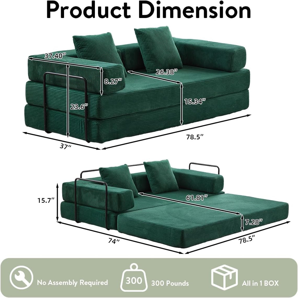 4-in-1 Convertible Folding Sleeper Sofa Bed, Fold Out Floor Sofa Couch with Fixed-Shape Frame, Cloud Corduroy Foldable Mattress Couch for Living Room Bedroom (78.5' Corduroy, Dark Green)