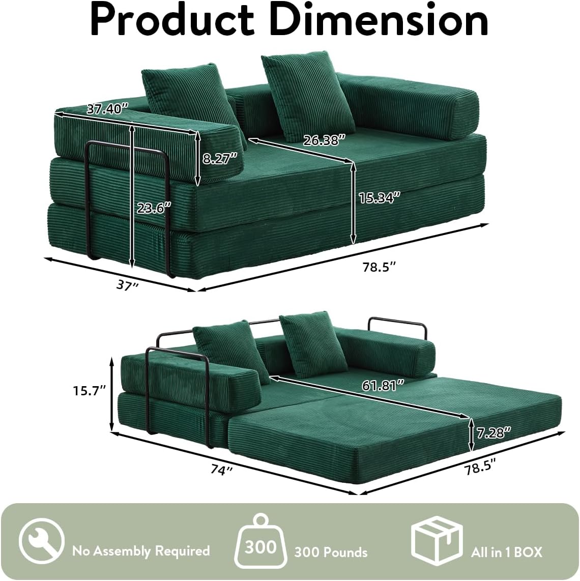 4-in-1 Convertible Folding Sleeper Sofa Bed, Fold Out Floor Sofa Couch with Fixed-Shape Frame, Cloud Corduroy Foldable Mattress Couch for Living Room Bedroom (78.5' Corduroy, Dark Green)