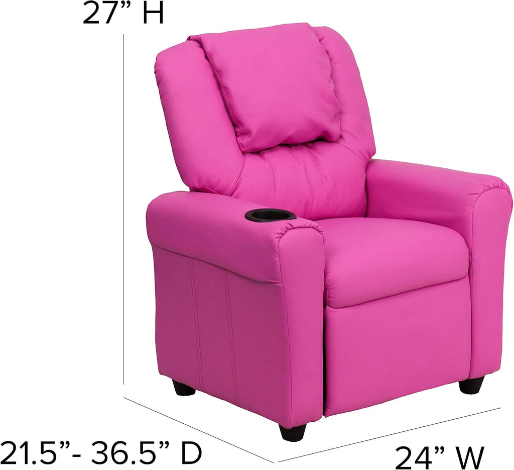 EMMA + OLIVER Hot Pink Vinyl Kids Recliner with Cup Holder and Headrest
