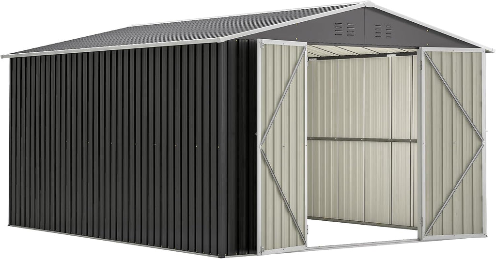 YOPTO 10x12 FT Outdoor Storage Shed,Utility Metal Tool Storage with Lockable Doors and Waterproof Roof, Large Garden Shed for Backyard, Patio Lawn, Black