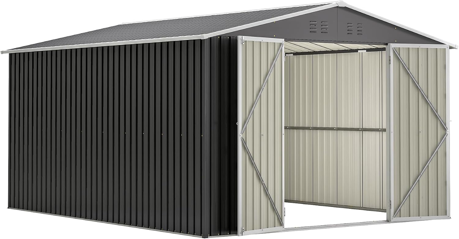 YOPTO 10x12 FT Outdoor Storage Shed,Utility Metal Tool Storage with Lockable Doors and Waterproof Roof, Large Garden Shed for Backyard, Patio Lawn, Black