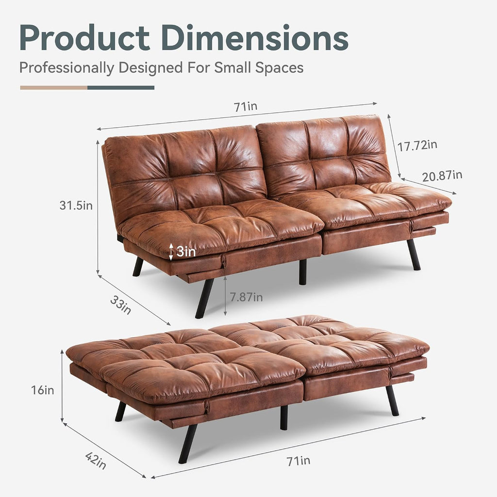 Futon Sofa Bed Convertible Couch, Brown Faux Leather Sofa Bed with Memory Foam, Adjustable Backrest & Armrests, Multifunctional Small Loveseat Sleeper Sofa for Living Room, Apartment, Office
