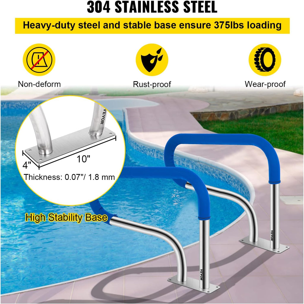 VEVOR Pool Handrail, 32 x 22.5 Swimming Pool Stair Rail, 304 Stainless Steel Stair Pool Hand Rail Rated 375lbs Load Capacity, Pool Rail with Quick Mount Base Plate, and Complete Mounting Accessories