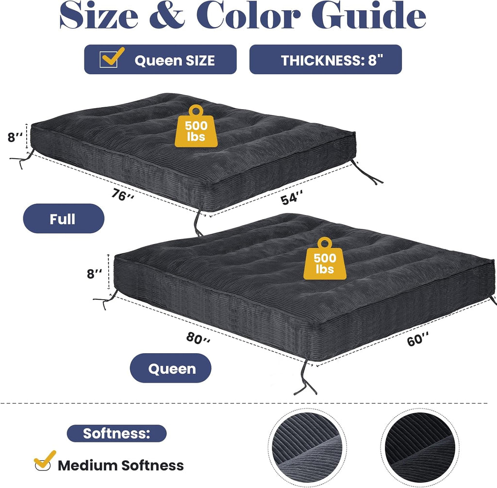 JUIKURY 8' Futon Mattress Queen Size, Thick Futons Sofa Couch Bed Sleeper Sofa Bed, Floor Mattress for Adults, Roll Up Folding Mattres Shredded Foam Filling, Medium Firm(Frame Not Included)