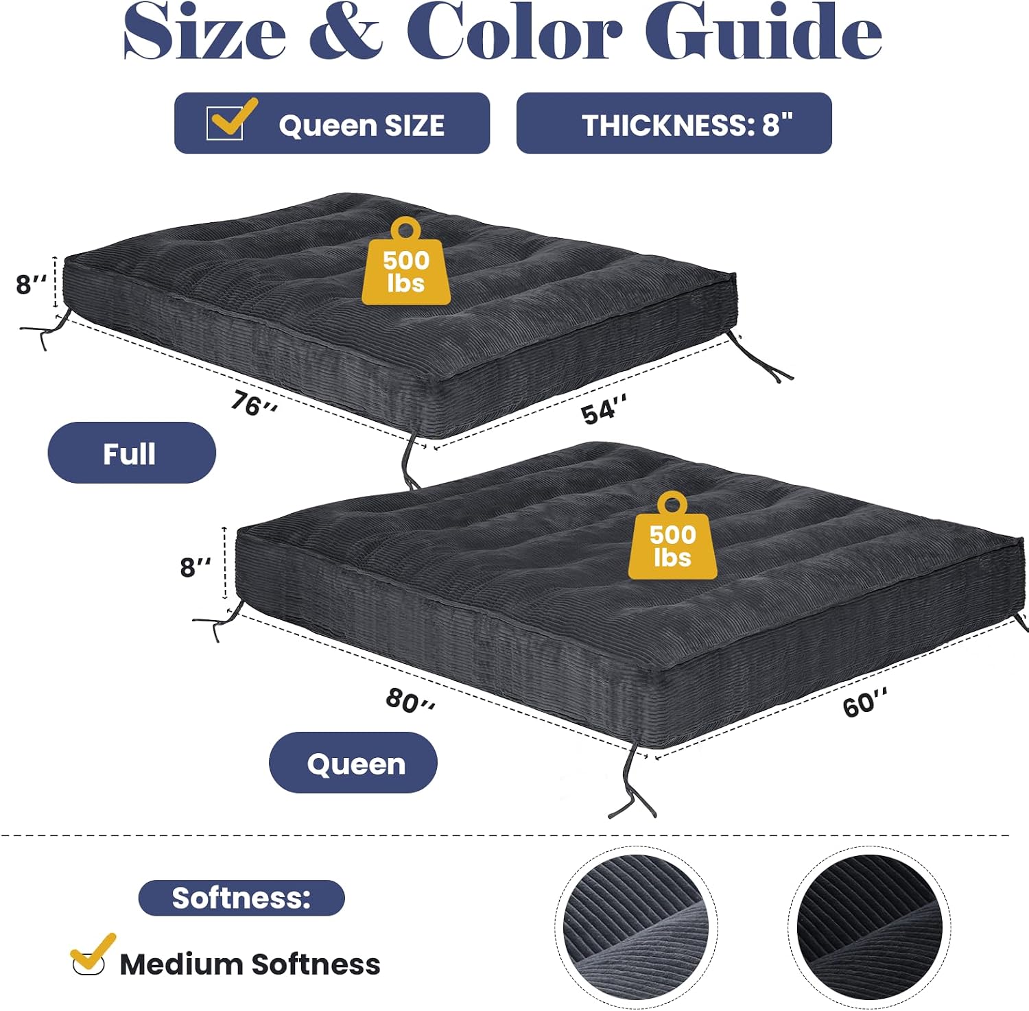 JUIKURY 8' Futon Mattress Queen Size, Thick Futons Sofa Couch Bed Sleeper Sofa Bed, Floor Mattress for Adults, Roll Up Folding Mattres Shredded Foam Filling, Medium Firm(Frame Not Included)