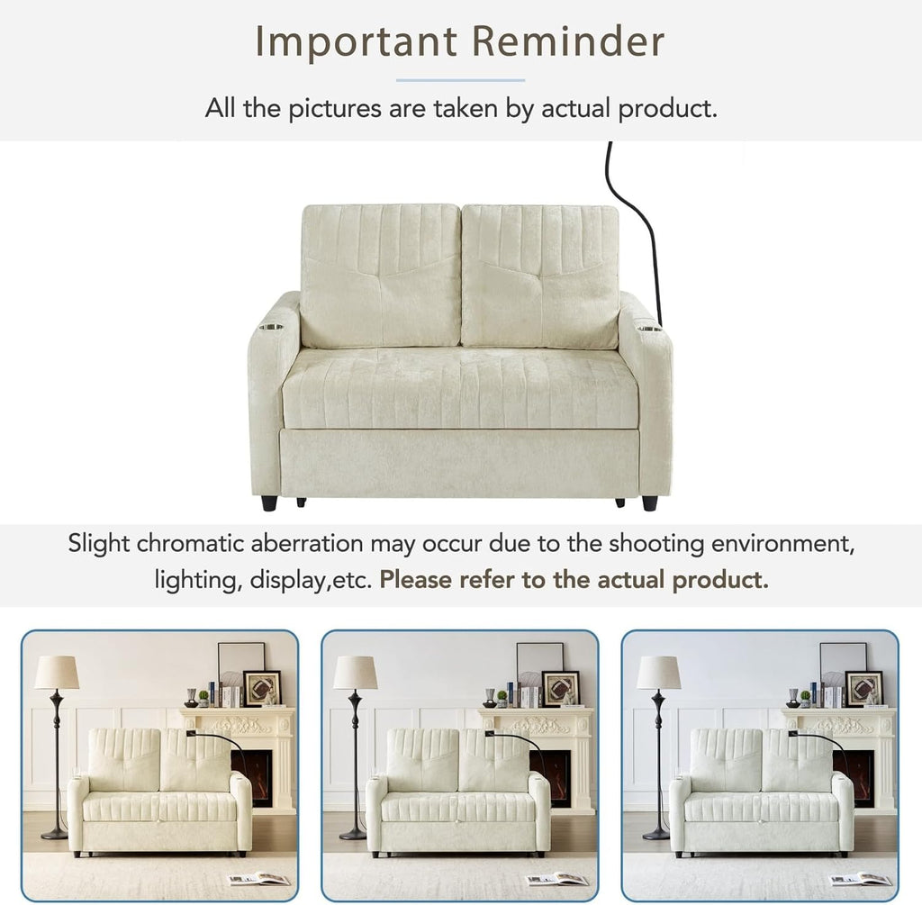 Merax Chenille 3-in-1 Pull Out Sleeper Sofa Bed Couch, 54' Convertible Futon Loveseat with Adjustable Backrest, 2 Cup Holders, Phone Stand, 3 Charging Ports and Storage Pockets for Living Room, Beige
