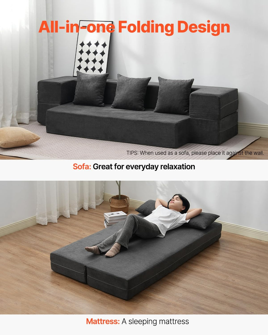 VEVOR Folding Sofa Bed, 3-in-1 Foldable Couch Bed with 3 Pillows and Washable Cover, 25D High Density Memory Foam Convertible Sleeper Chair Bed, Futon Couch, Dark Grey(Twin XL)