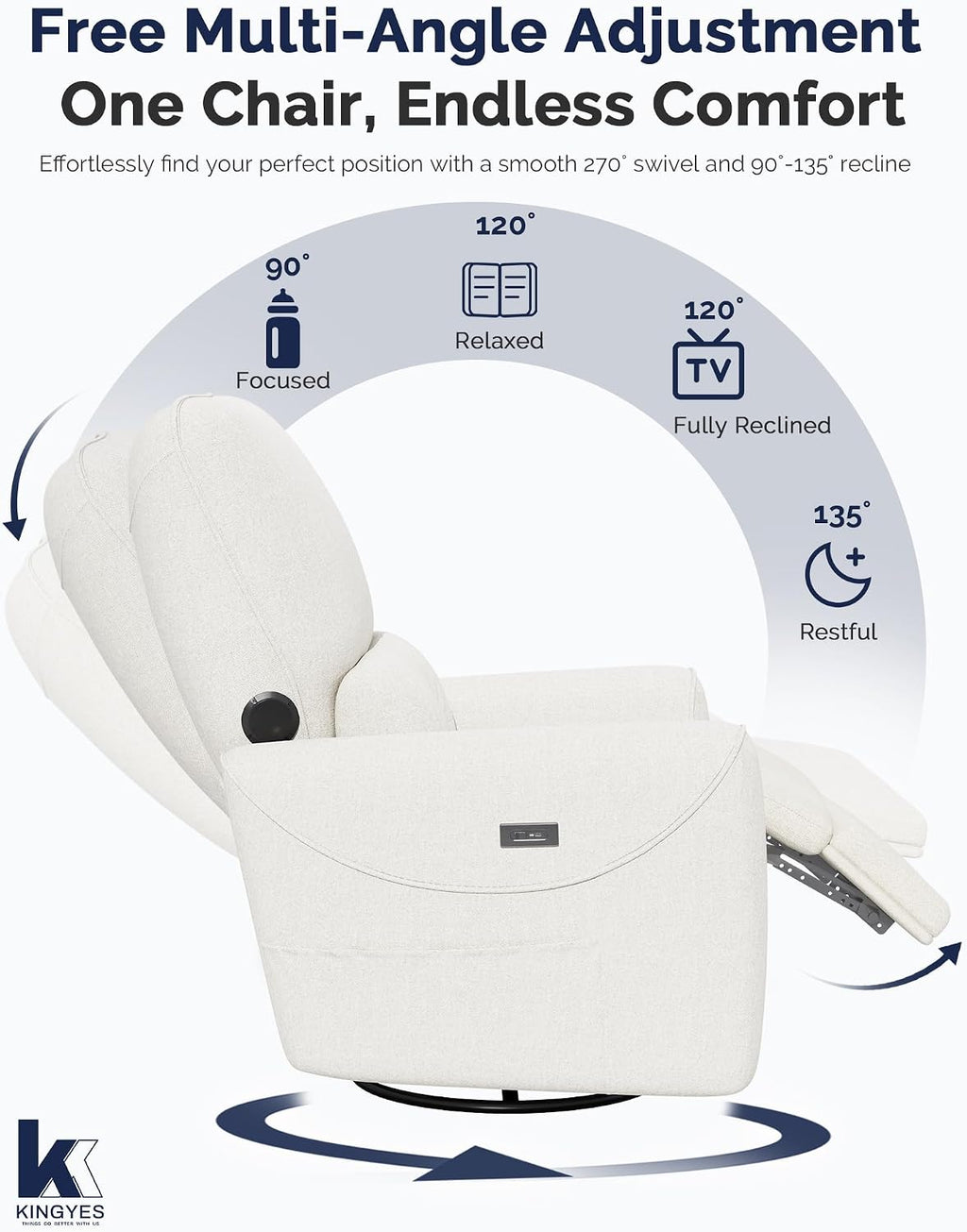 KINGYES Power Recliner Chair, 270° Swivel Glider, Living Room Recliner with USB-C Port, Nursery Rocking Chair, Beige