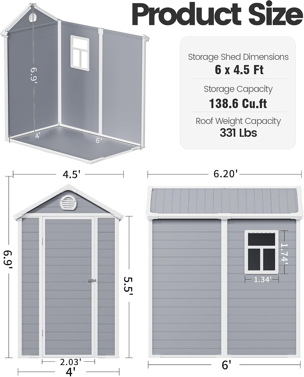 6x4.5 Large Outdoor Storage Shed with Floor, Spacious Tool Shed for Lawn Mower, Bike, and Patio Furniture, Includes Lockable Door and Ventilation, Aritic Light Gray