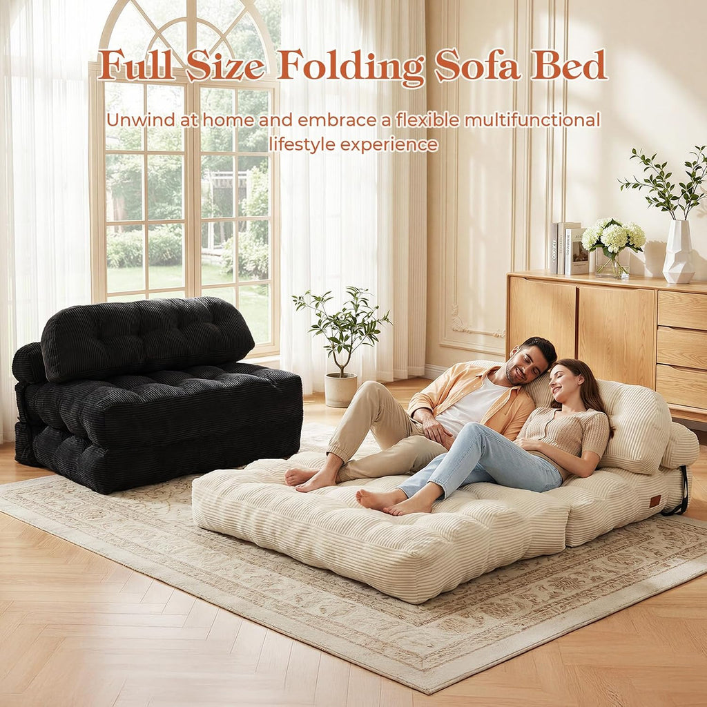 Folding Sofa Bed, Convertible Sleeper Chair with Back Support and Pillow Futon, Boneless Matress, for Living Room/Guest Use/Home Office, Foldable Chair Bed for Adults, Black, Full