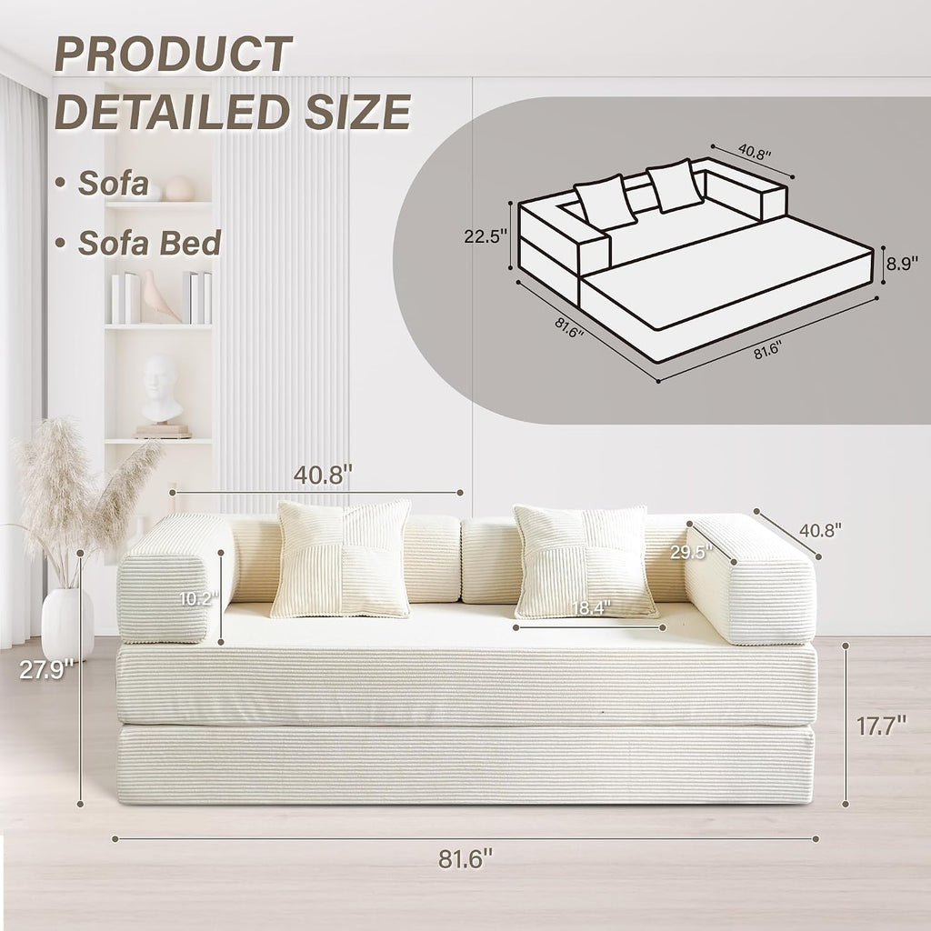 YINIX Foldable Sofa Bed, 78'' Folding Floor Couch, Compressed Convertable Sleeper Sofa, Memory Foam Couch with Pillow Back Support Armrest, 4-in-1 Futon Sofa Bed for Living Room, White