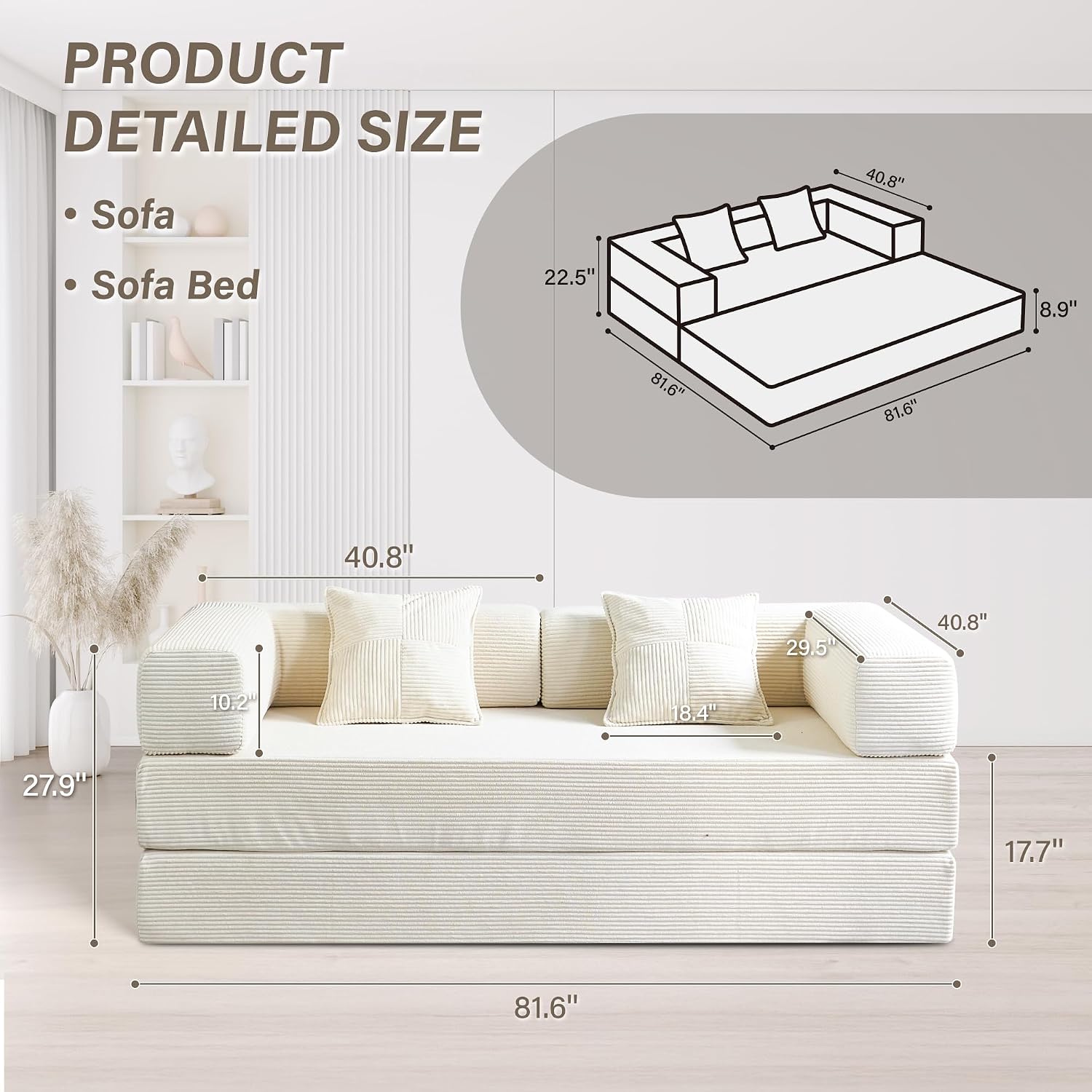 YINIX Foldable Sofa Bed, 78'' Folding Floor Couch, Compressed Convertable Sleeper Sofa, Memory Foam Couch with Pillow Back Support Armrest, 4-in-1 Futon Sofa Bed for Living Room, White