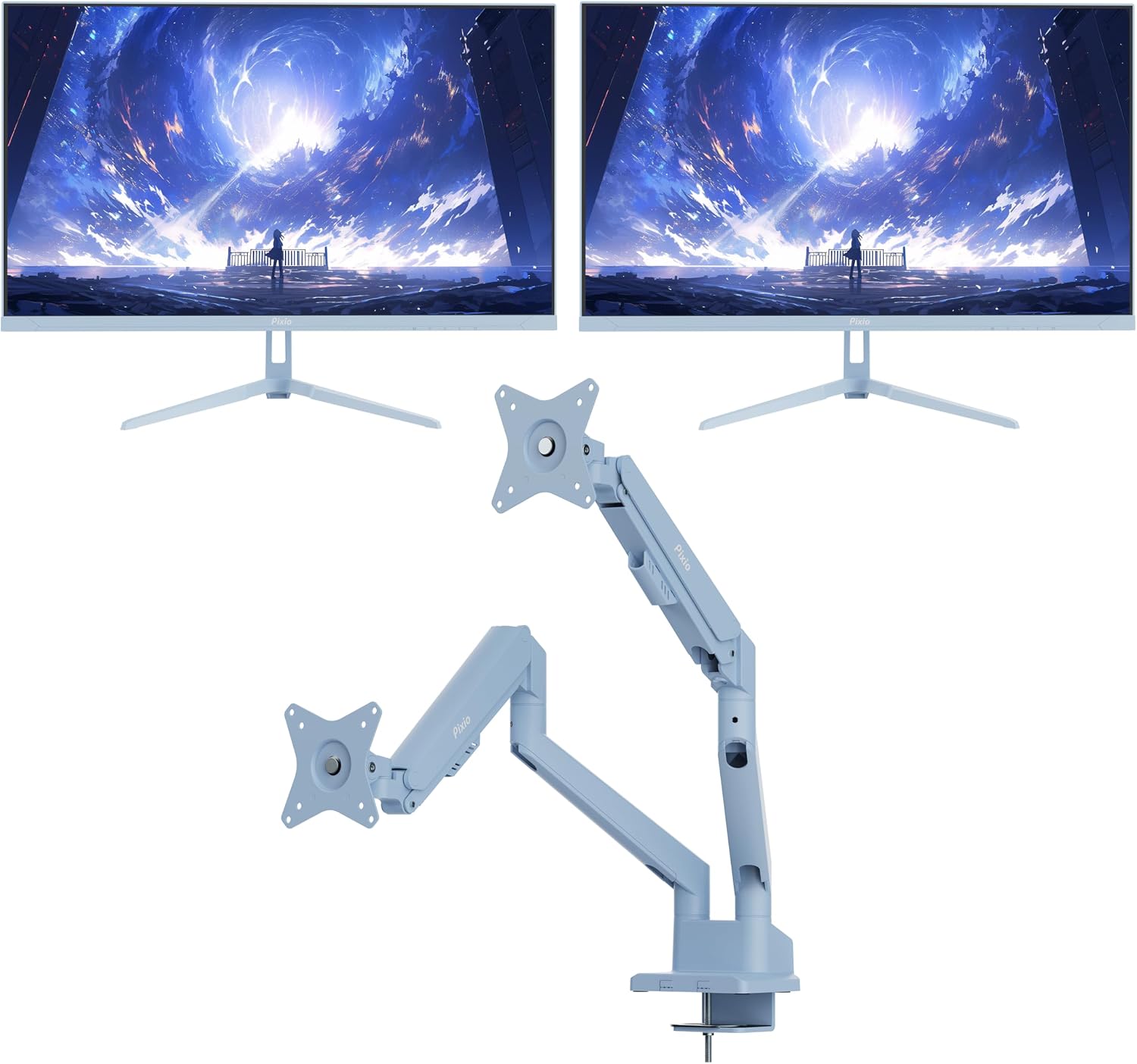 Pixio Two PX275 Wave Blue 27 inch 100Hz Refresh Rate QHD 1440p Resolution IPS Panel 1ms MPRT Response Time Gaming Monitor and PS1D Wave Blue Dual Monitor Arm - Fits up to 32 inches and 19.8lbs