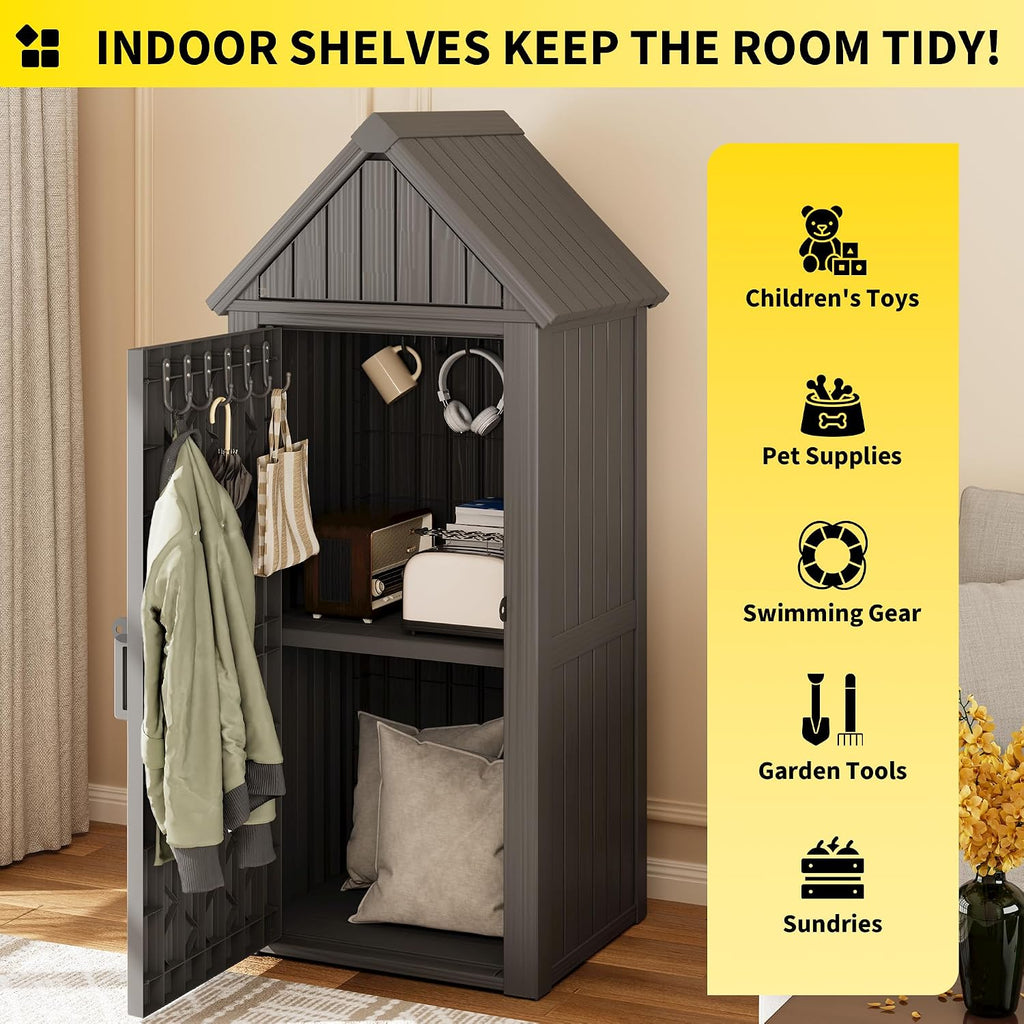 Fancyango Outdoor Resin Storage Cabinet Sturdy All-Weather Shed with Removable Shelves Lock Ring & Reinforced Floor – for Garden Patio Lawn (Grey)