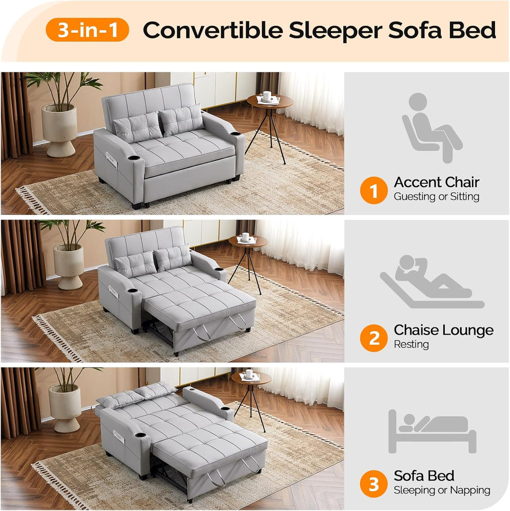 VINGLI Convertible Loveseat Sleeper Sofa, Light Grey Faux Leather Futon Sofa Bed Pullout Couch Bed with USB Ports, Cup Holders, Armrest for Living Room, Bedroom, Home Office Apartment