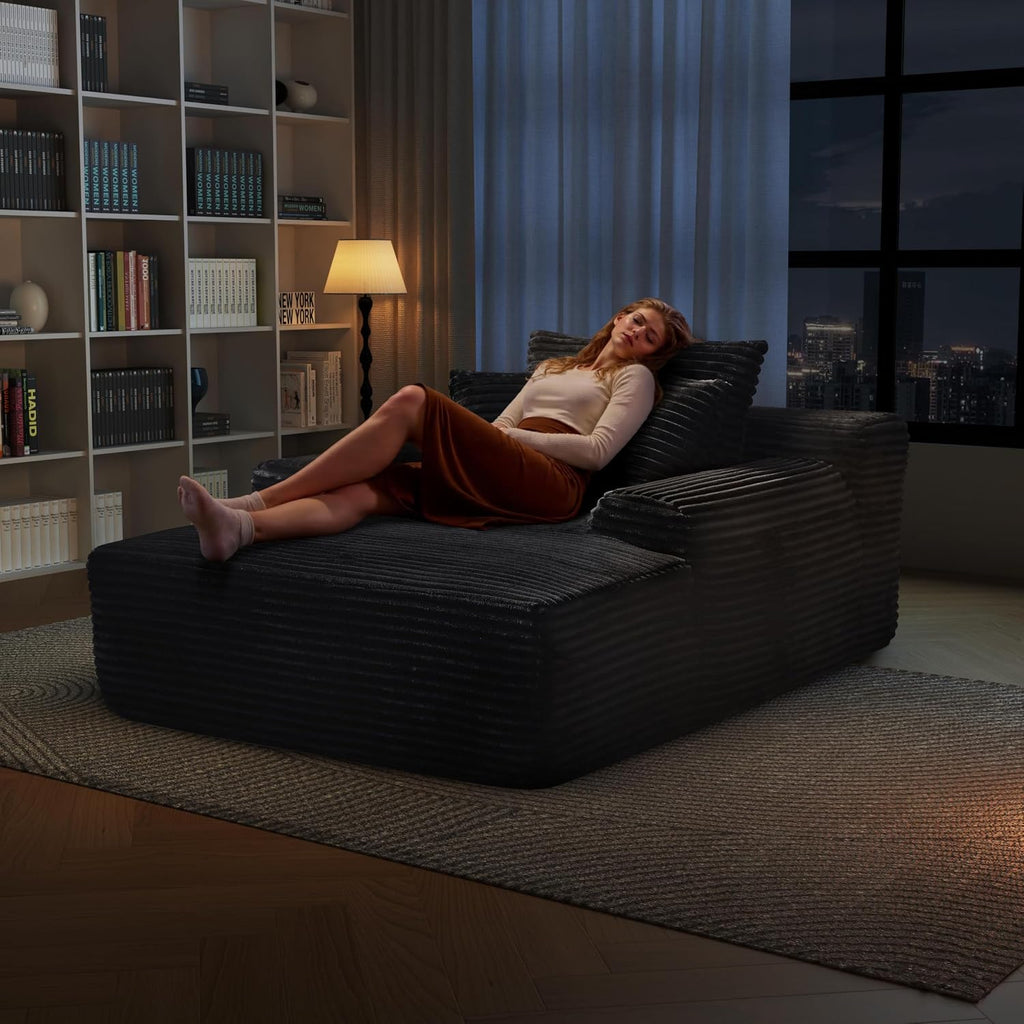 65'' Chaise Lounge Chair Indoor, Black Corduroy Sofa Bed, Boneless Lounge Chair, Oversized Sleeper Sofa, Black Corduroy Cloud Couch Reading Chair for Living Room No Assembly