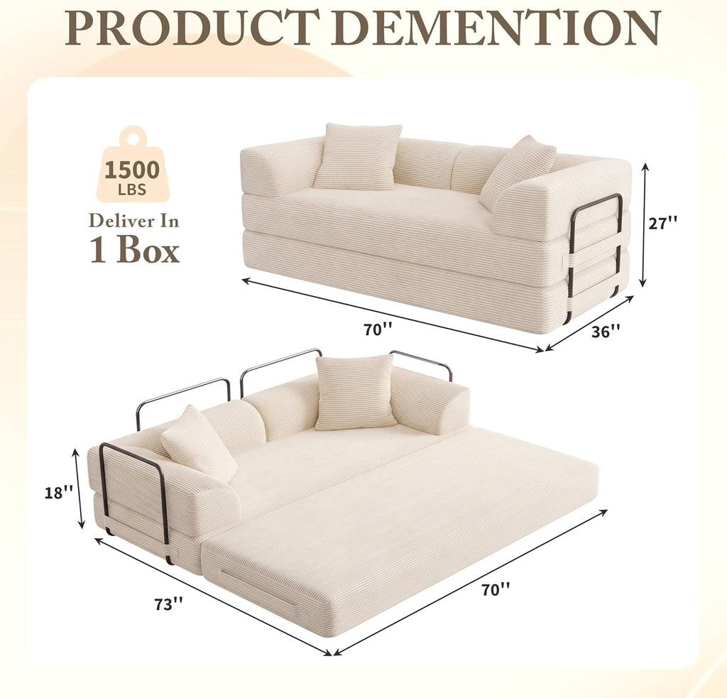 Cloud Boneless Convertible Floor Sofa Bed, 70' 5-in-1 Foldable Compressed Loveseat Lounge Sleeper 2 Seater Couches, High-Density Sponge & Corduroy Fabric Futon Daybed for Living Room Bedroom(Beige)