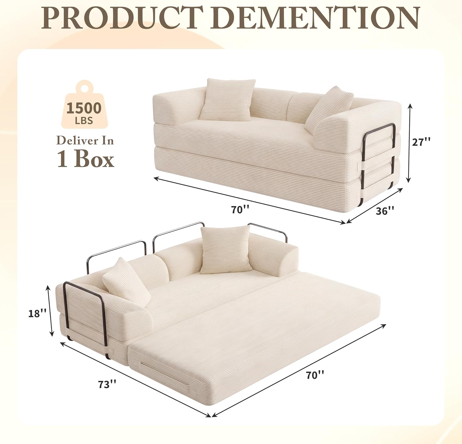 Cloud Boneless Convertible Floor Sofa Bed, 70' 5-in-1 Foldable Compressed Loveseat Lounge Sleeper 2 Seater Couches, High-Density Sponge & Corduroy Fabric Futon Daybed for Living Room Bedroom(Beige)