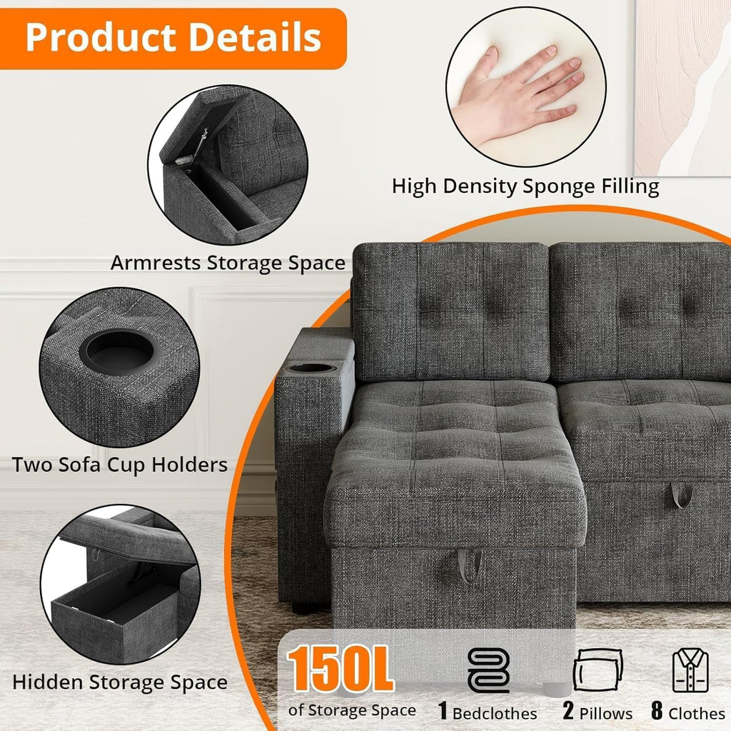 IDEALHOUSE Sofa Bed, 84 Inch Sleeper Sofa with Pull Out Bed and Charging Ports, L Shaped Couches for Living Room with 2 Storage Armrests and 2 Cup Holders, Dark Grey