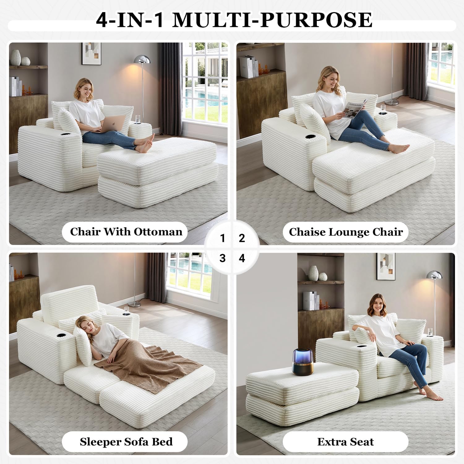 HANXIN 62' Chaise Lounge Chair Indoor, Oversized Corduroy Boneless Convertible Chaise Lounge Couch Sleeper Chair with Ottoman, Deep Seat Reading Chair, No Assembly Required (Beige)