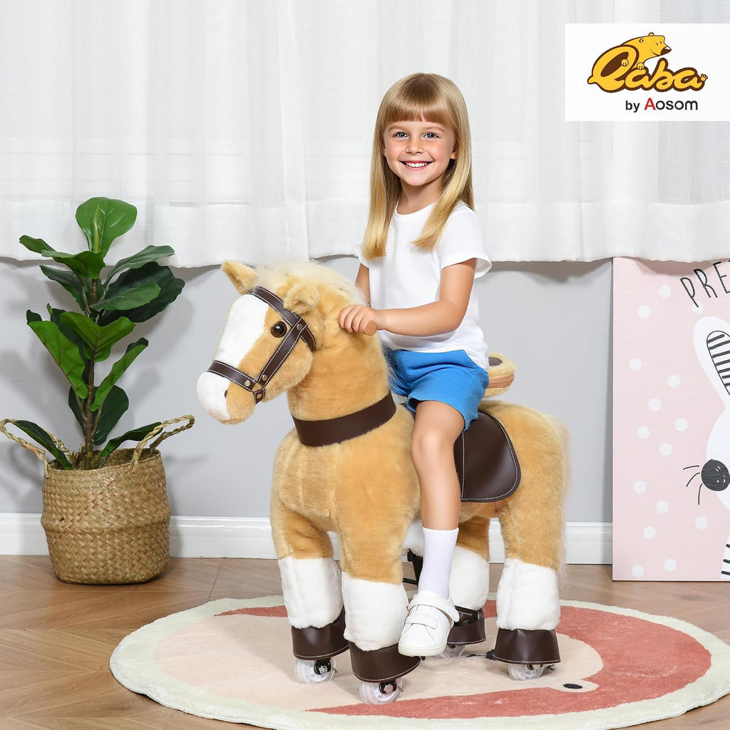 Qaba Ride on Horse, Plush Walking Horse Toy, Kids Riding Chair with Wheels for Kids 3-8 Years, Light Brown