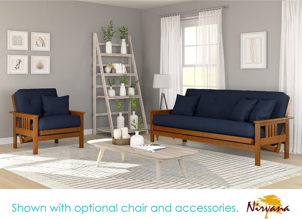 Nirvana Futons Stanford Futon Set - Queen Size Futon Frame with Mattress Included (8 Inch Thick Mattress, Twill Navy Blue Color), Heavy Duty Wood, Popular Sofa Bed Choice