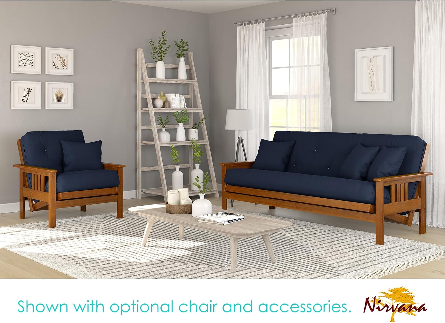 Nirvana Futons Stanford Futon Set - Queen Size Futon Frame with Mattress Included (8 Inch Thick Mattress, Twill Navy Blue Color), Heavy Duty Wood, Popular Sofa Bed Choice