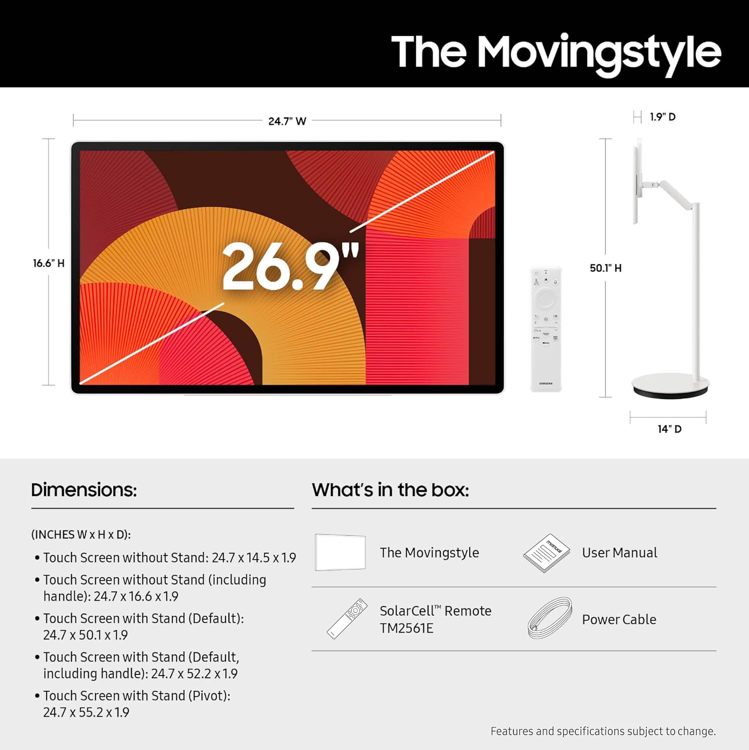 Samsung 27-inch Class QHD LSM7F The Movingstyle Portable Smart Touch Screen (2025 Model, UN27LSM7) Detachable and Rollable Style, Built-in Battery, NQ4 AI Gen2 Processor, Motion Xcelerator 120Hz