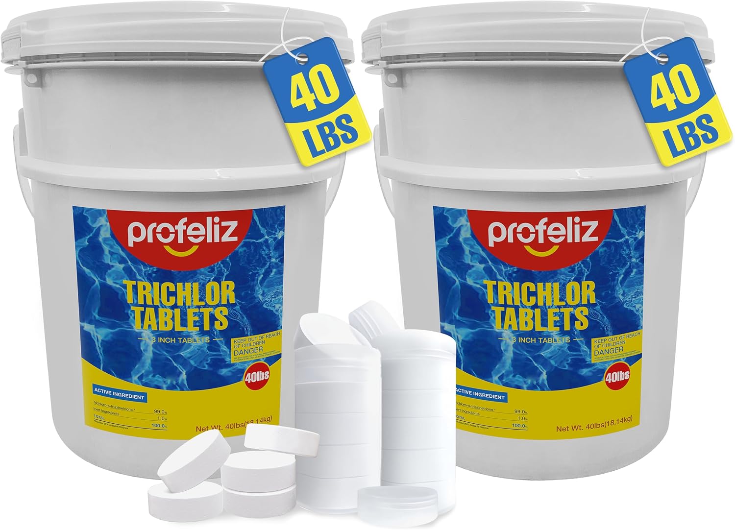 PROFELIZ 2-Pack Chlorine Tablets 3 Inch for Swimming Pools, Kills Bacteria and Stops Algae, Slow Dissolving,Exclusive Protective Packaging,Pool Chlorine Tablets,2X 40 lbs Bucket,Total of 80lbs