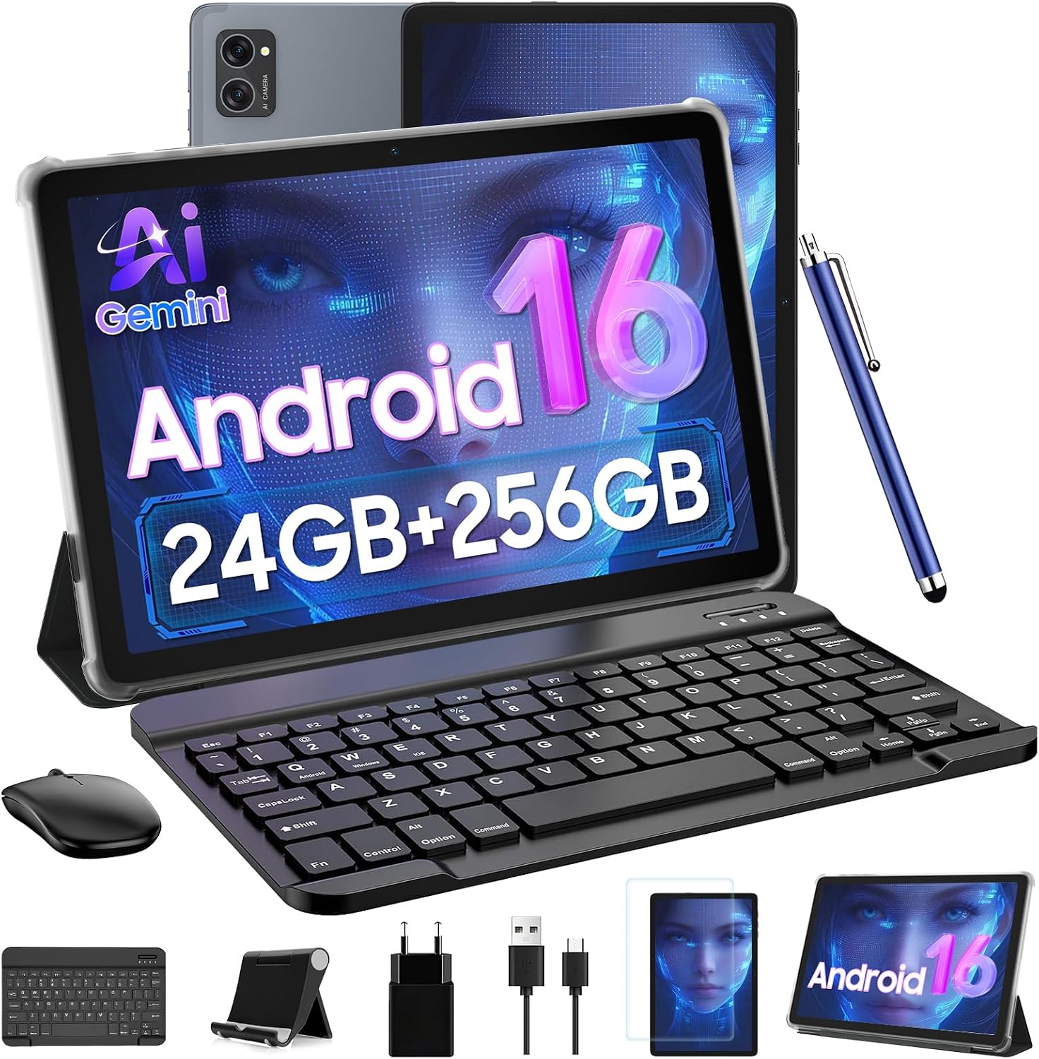 Tablet 2026 Latest Android 16 Tablets with 10.1 Inch Incell Display, 24GB RAM 256GB ROM /2TB TF, Gemini AI, T606 Octa-Core+8MP Camera, 5000mAh, Widevine L1, 2 in 1 Tablets with Keyboard Mouse Stylus