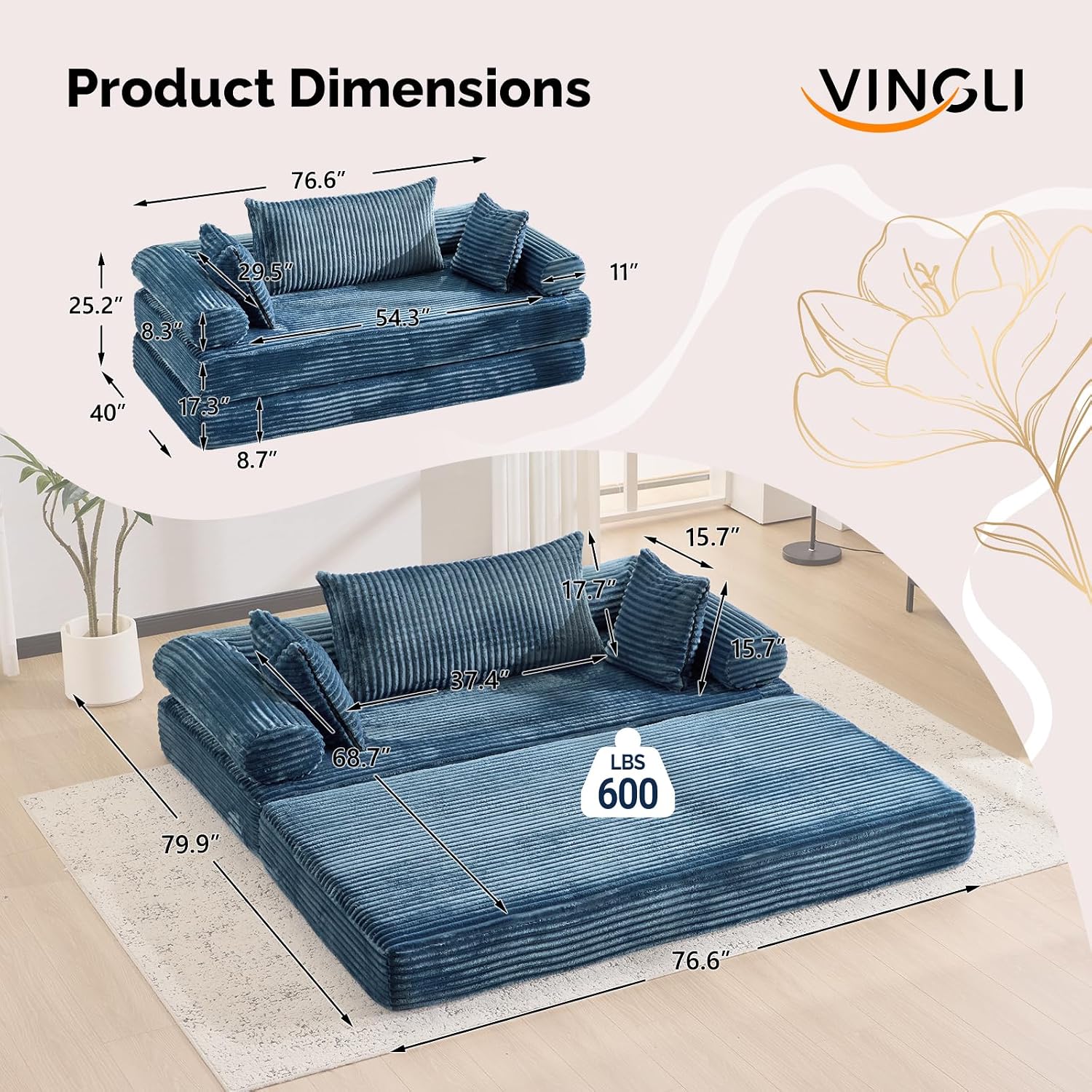 VINGLI Convertible Futon Sofa Bed, Upholstered Corduroy Boneless Couch King Size Floor Loveseat Sleeper Sofa with 2-in-1 Throw Pillow & Blanket Couches for Living Room, Bedroom, Lounge, Navy Blue