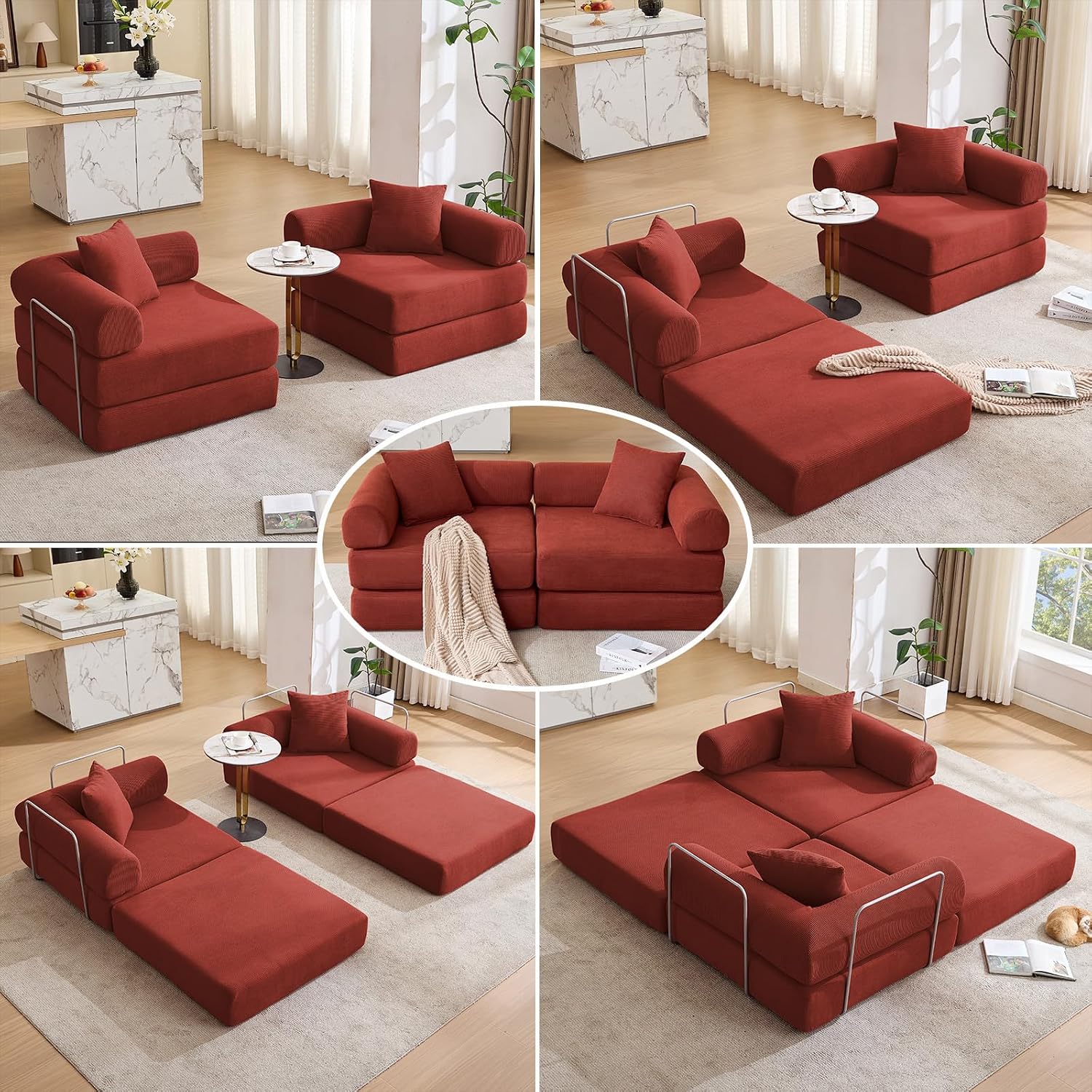 73' Convertible Modular Folding Sofa Bed, 5-in-1 DIY Combination Fold Out Sleeper Sofa Bed, Loveseat sleeper Couch with Removable Armrests, Corduroy Floor Couch, Small couches for small spaces, Red