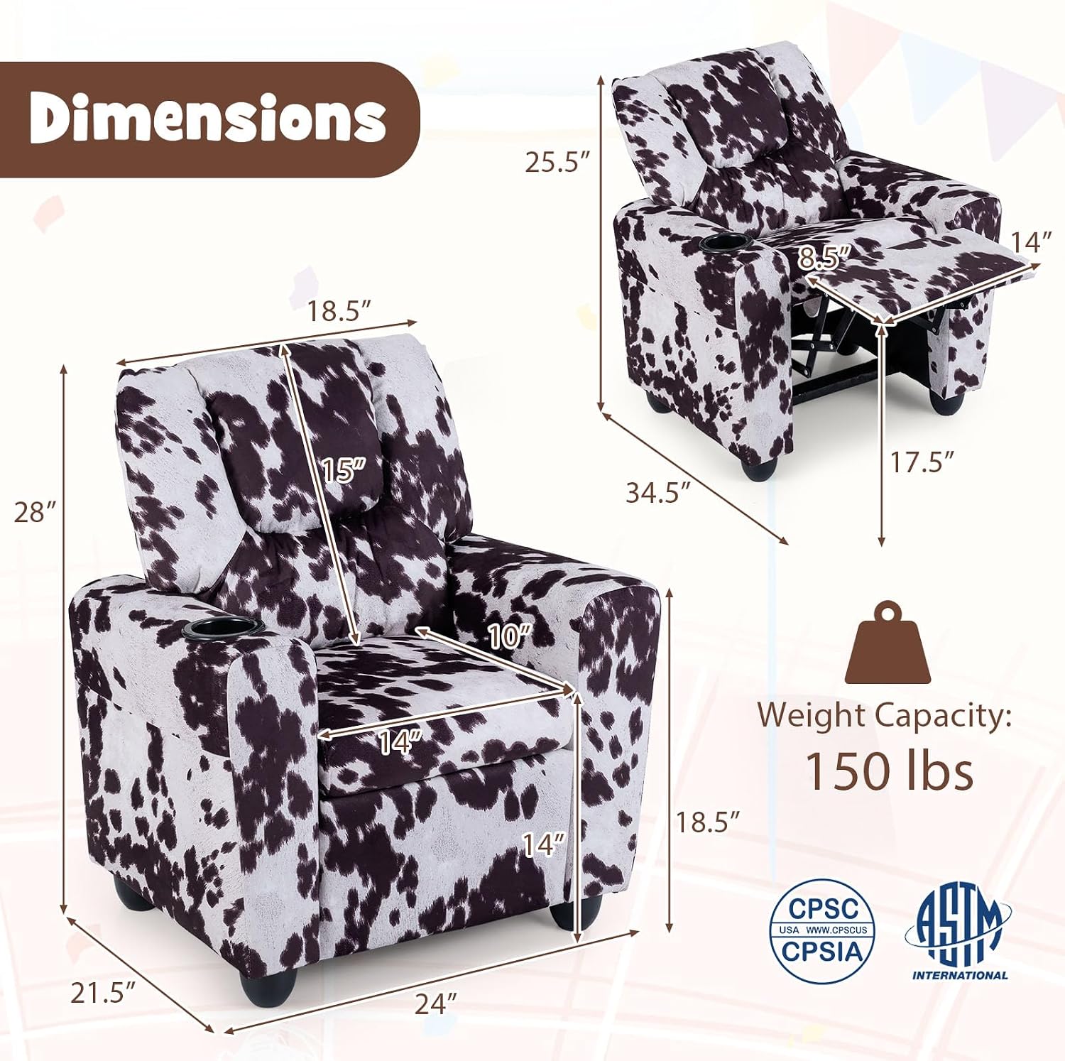 GLACER Kids Recliner with Cup Holder, Velvet Toddler Lounge Chair w/Adjustable Backrest & Footrest, Spring-Loaded Seat Cushion, Push Back Toddler Sofa for Boys & Girls Ages 3+ Years Old (Cow)