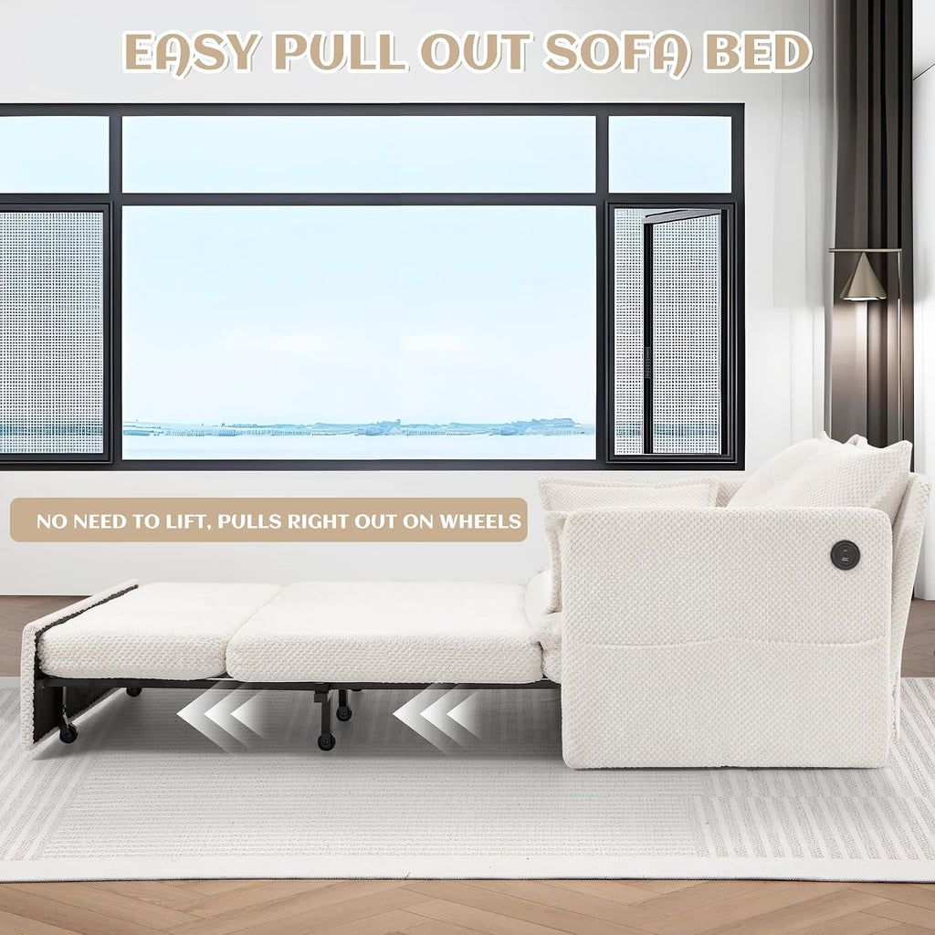 SUNWAVE 60' Pull Out Sofa Bed - Convertible Sleeper Sofa Bed, Corduroy Pull Out Couch Bed with USB Charging, Side Pockets for Living Room, Bedroom, Small Spaces (Cream, 60')