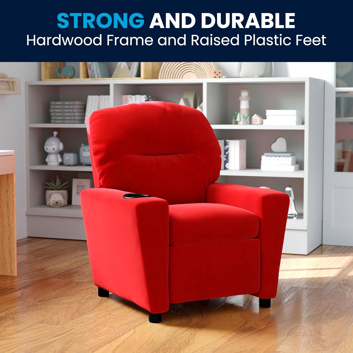 Flash Furniture Chandler Microfiber Kids Recliner with Cup Holder and Safety Recline, Contemporary Reclining Chair for Kids, Supports up to 90 lbs., Red