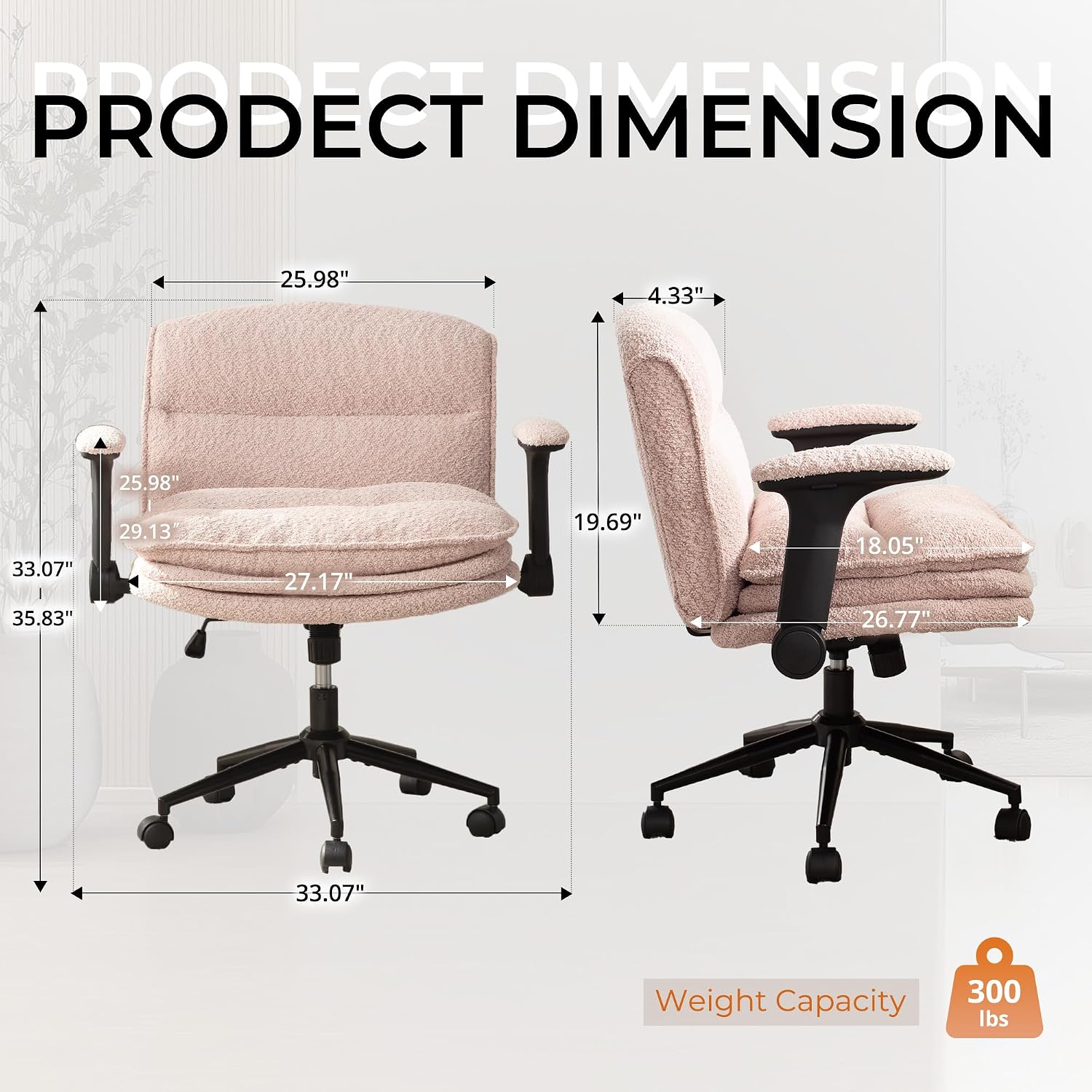 Dowinx Criss Cross Chair with Adjustable Flip-up Arms and Wheels, Comfort Ergonomic Office Desk Armchair with 3 Layer Cushions, Wide Seat Vanity Chair for Home Office, Living Room, Bedroom, Pink