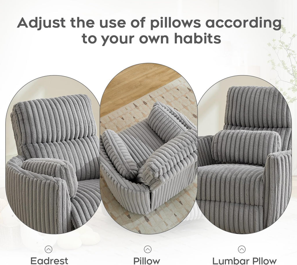 Power Nursery Rocking Chair Swivel Glider Reclining Chairs with 2 Pillows, Nursery Glider Rocking Recliner with Type-C & USB Charger Port, Corduroy Upholstery Armchair for Living Room/ Light Grey