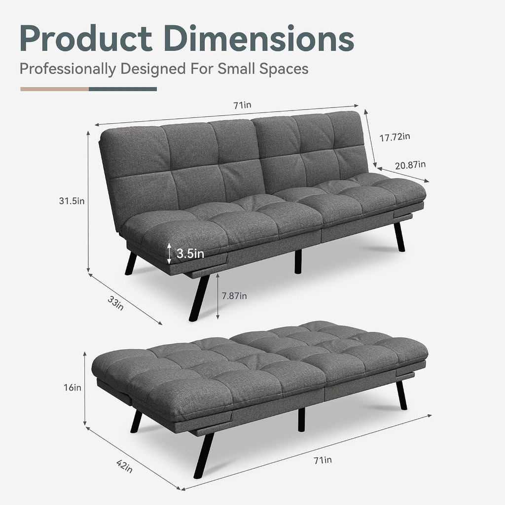 Futon Sofa Bed Convertible Couch, Grey Linen Sofa Bed with Memory Foam, Adjustable Backrest & Armrests, Multifunctional Small Loveseat Sleeper Sofa for Living Room, Apartment, Office