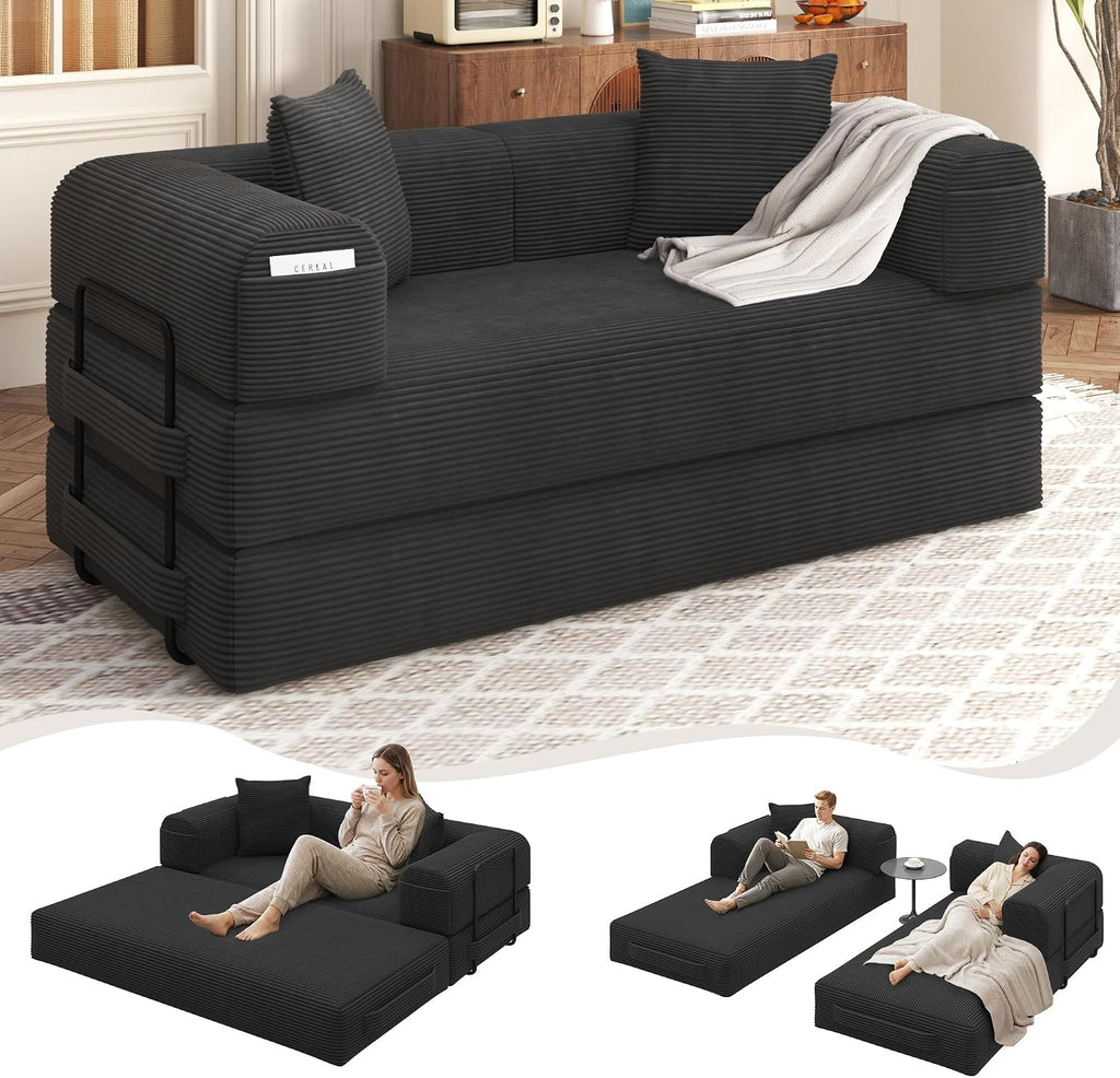 80' Convertible Sofa Bed, 5 in 1 Modular Boneless Couch Sleeper Sofa Bed with Fixed Frame & Removable Backrest Pillow, Washable Corduroy Futon Sofa Bed Couch in a Box for Small Spaces, Dark Black