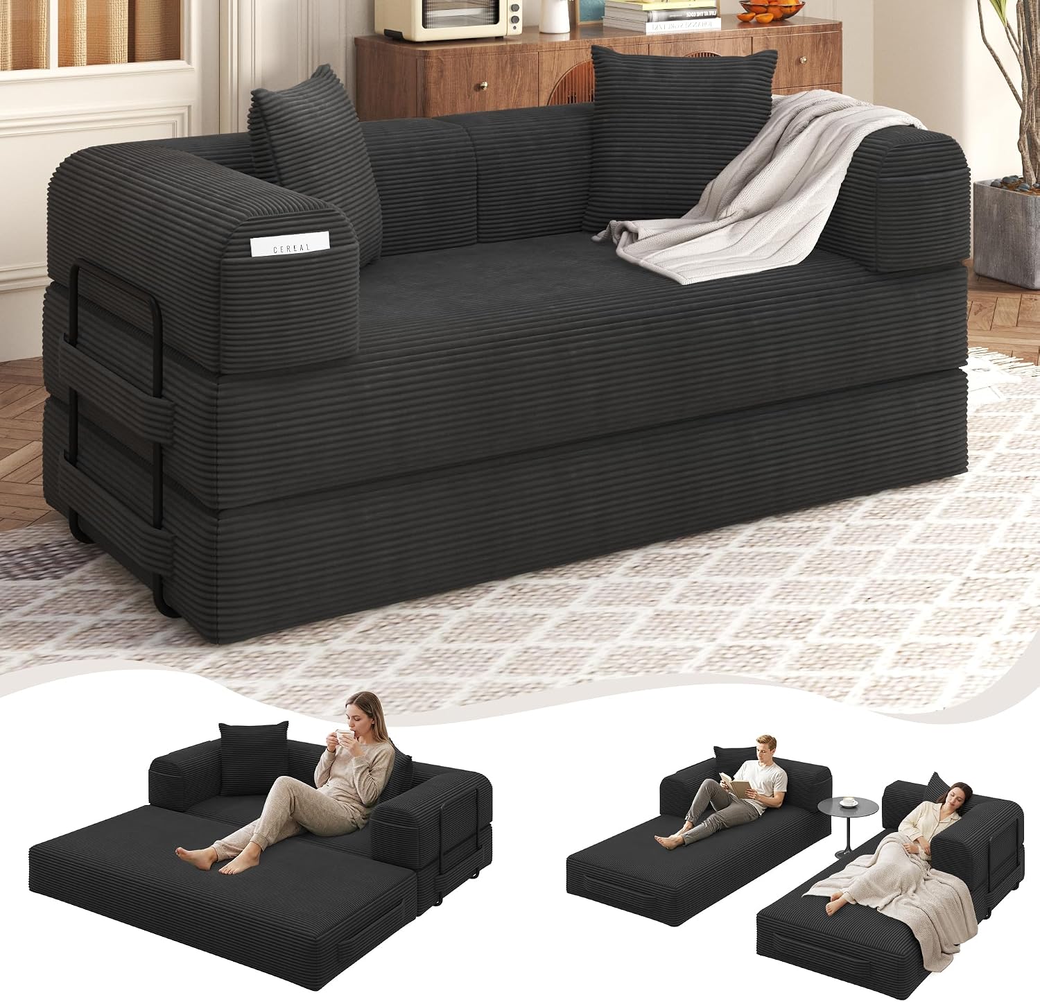 80' Convertible Sofa Bed, 5 in 1 Modular Boneless Couch Sleeper Sofa Bed with Fixed Frame & Removable Backrest Pillow, Washable Corduroy Futon Sofa Bed Couch in a Box for Small Spaces, Dark Black