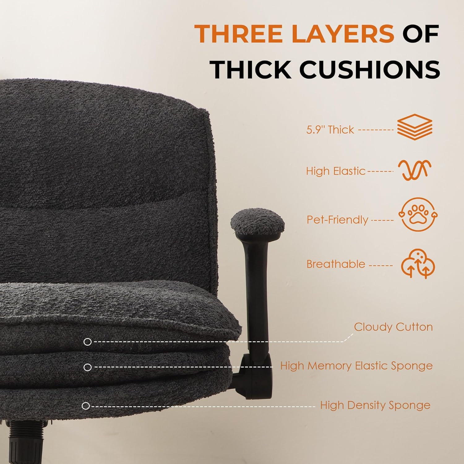 Dowinx Criss Cross Chair with Adjustable Flip-up Arms and Wheels, Comfort Ergonomic Office Desk Armchair with 3 Layer Cushions, Wide Seat Vanity Chair for Home Office, Living Room, Bedroom, Black