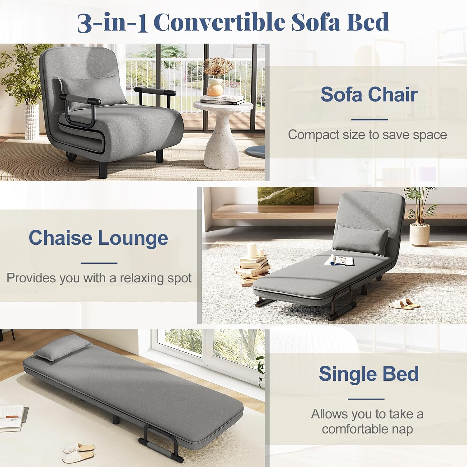 Giantex Convertible Sofa Bed, 3-in-1 Folding Sleeper Chair with 5-Position Adjustable Backrest, Wheels, 2 Legs, Recliner Chaise Lounge with Pillow, Armchairs for Nursery Living Room (Light Gray)