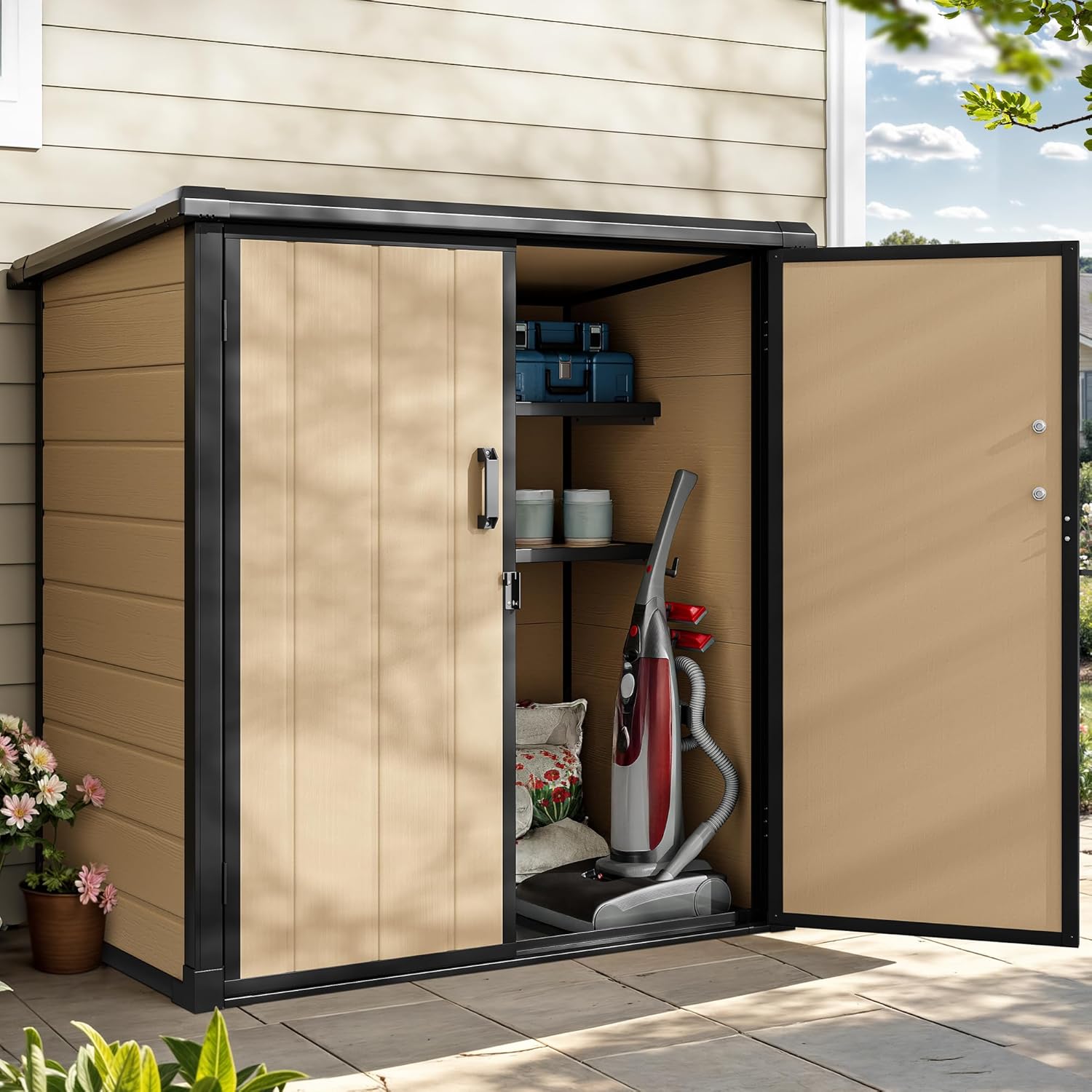 DWVO 4.2x2.6ft Outdoor Storage Shed with 2 Shelves, 54 Cu Ft Waterproof Resin Garden Shed with Floor & Lockable Door, Plastic Tool Cabinet for Garbage Cans, Lawn Equipment, Garden Supplies (Brown)