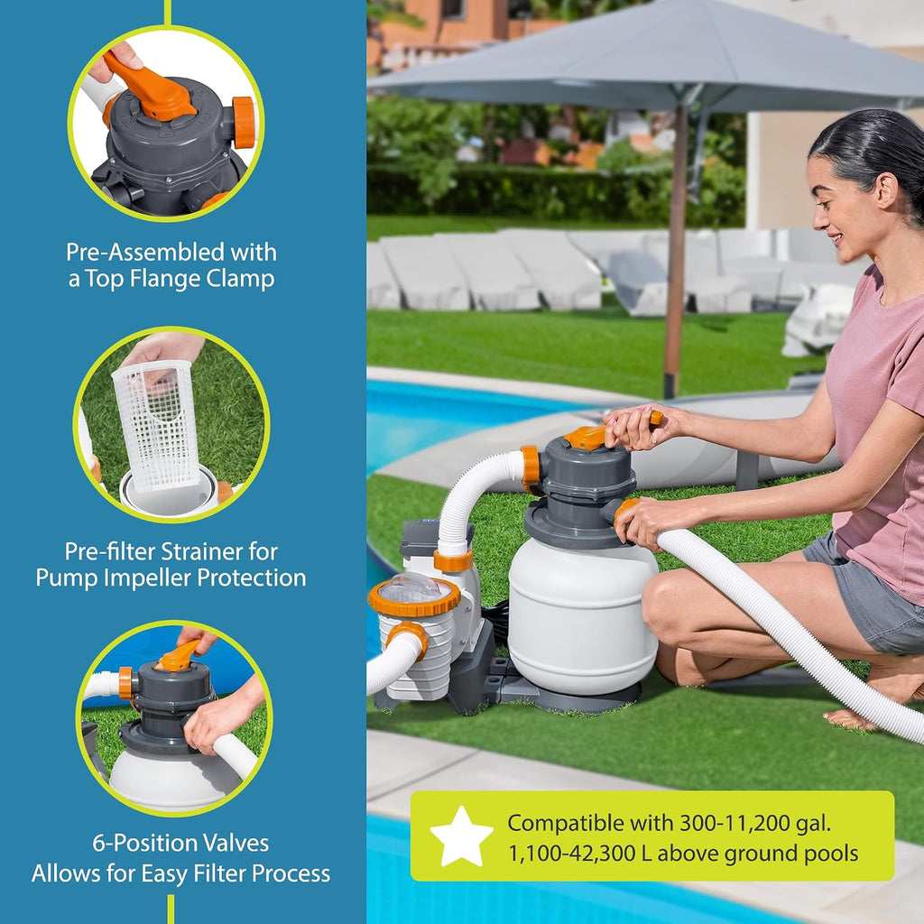 Bestway 58498E Flowclear 1500 Gallon Sand Filter Pool Pump for Above Ground 300 to 11,200 Gallon Swimming Pools with Adapter (Sand is Sold Separately)