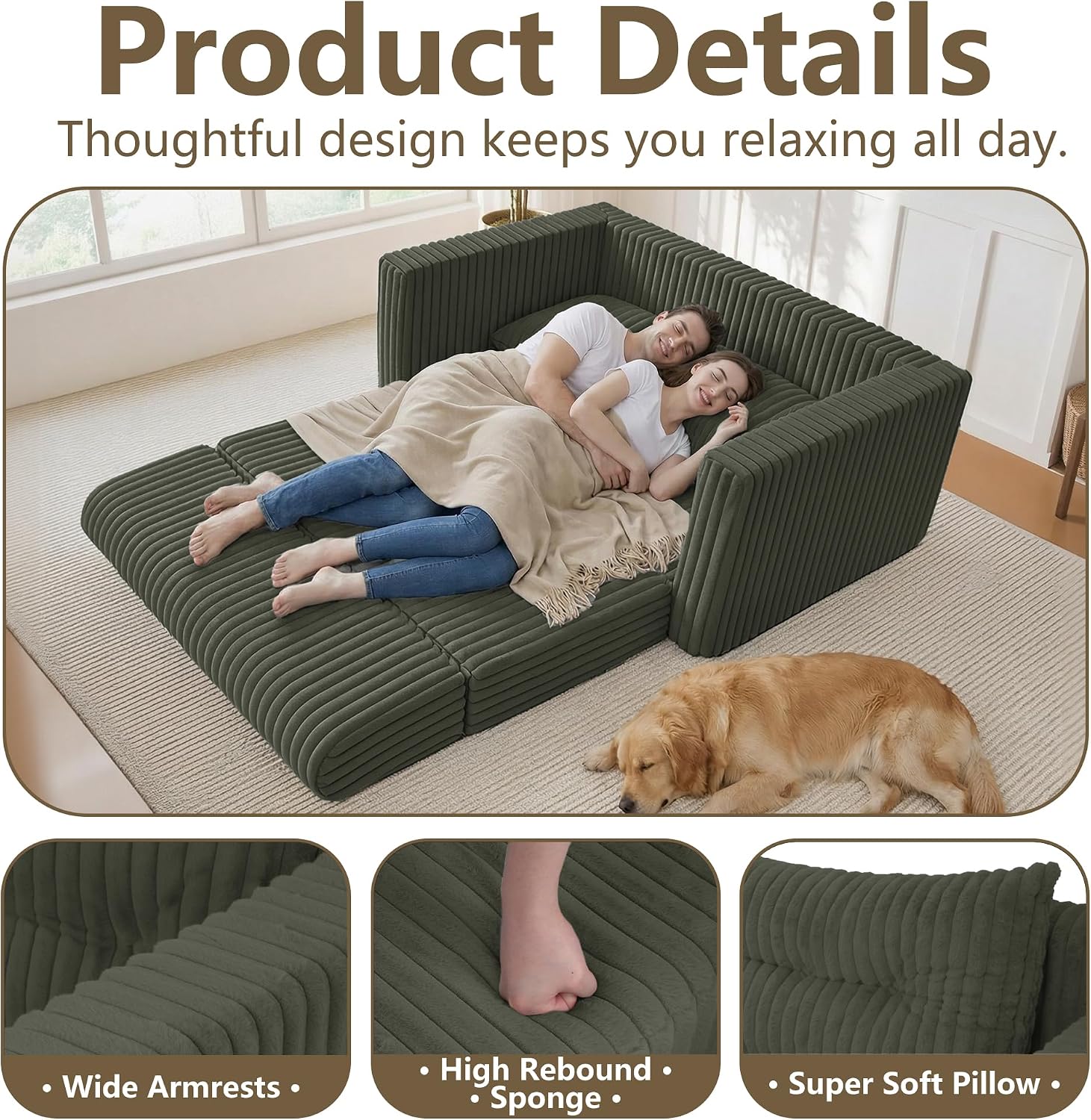 HABUTWAY Folding Sofa Bed, 2 in 1 Convertible Sleeper Chair with Pillow, Portable Fold Out Chair Bed with Armrest, Comfy Floor Couch, Lazy Sofa for Living Room Bedroom Dorm Home Office, Green
