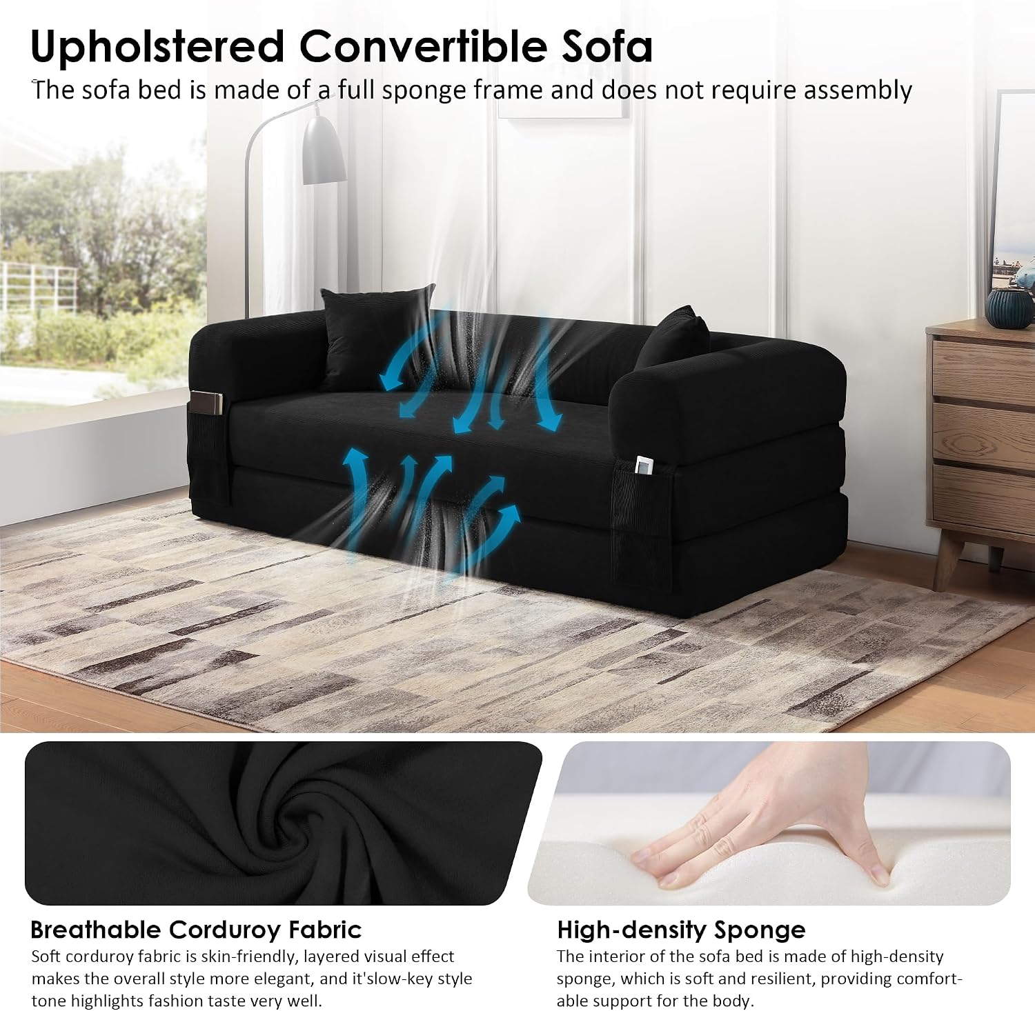 80' Convertible Sofa Bed, 3-in-1 Corduroy Folding Pull Out Couch with Pillows, No Assembly Modern Boneless Couch Compression Sofa in Box, Floor Sofa with Side Storage for Living Room,Black